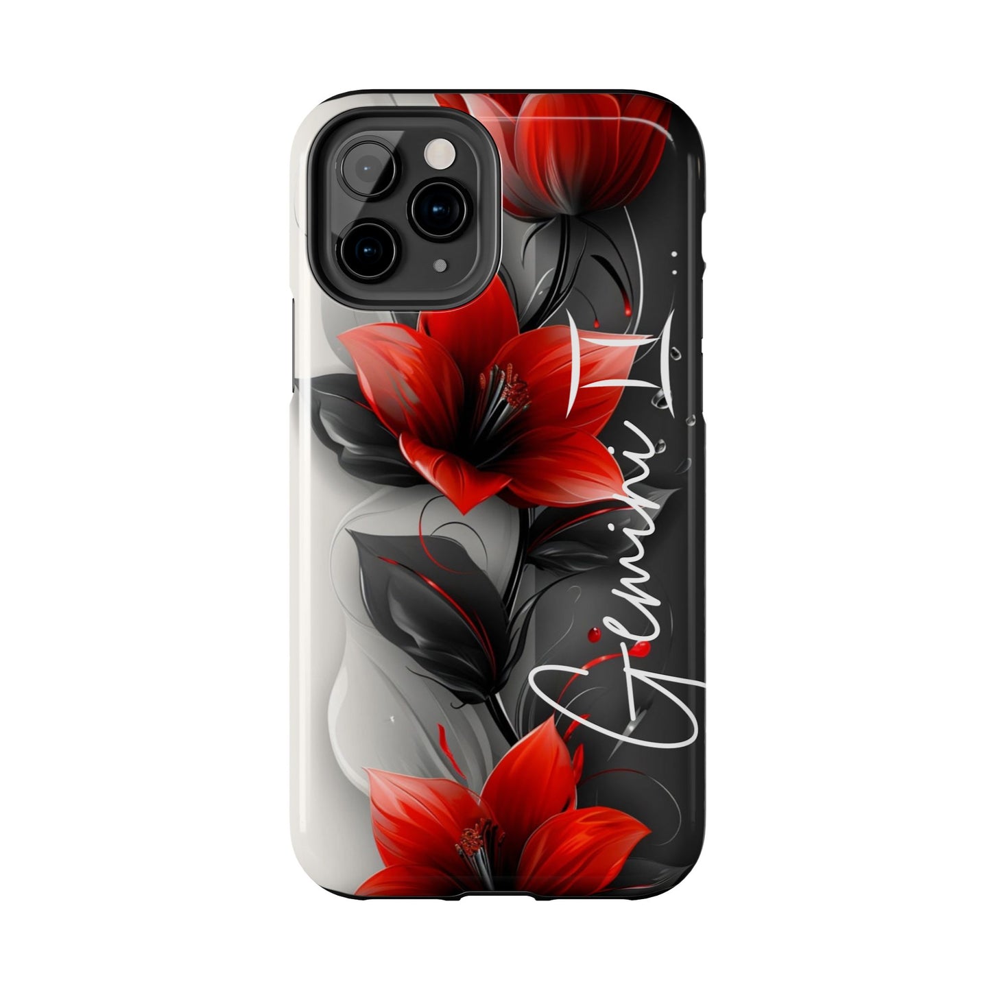 Beautiful red & black floral personalized name Phone case. Compatible with iPhone models 11-16