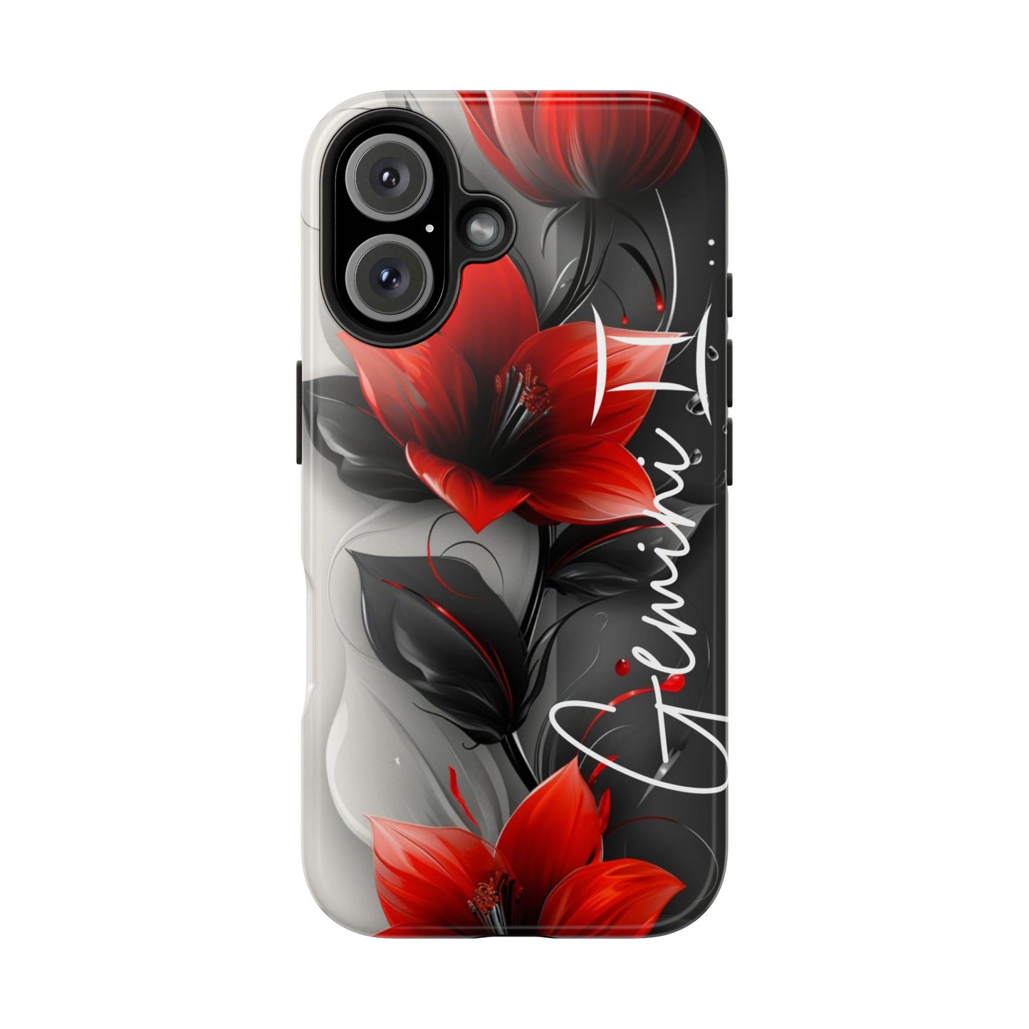 Beautiful red & black floral personalized name Phone case. Compatible with iPhone models 11-16