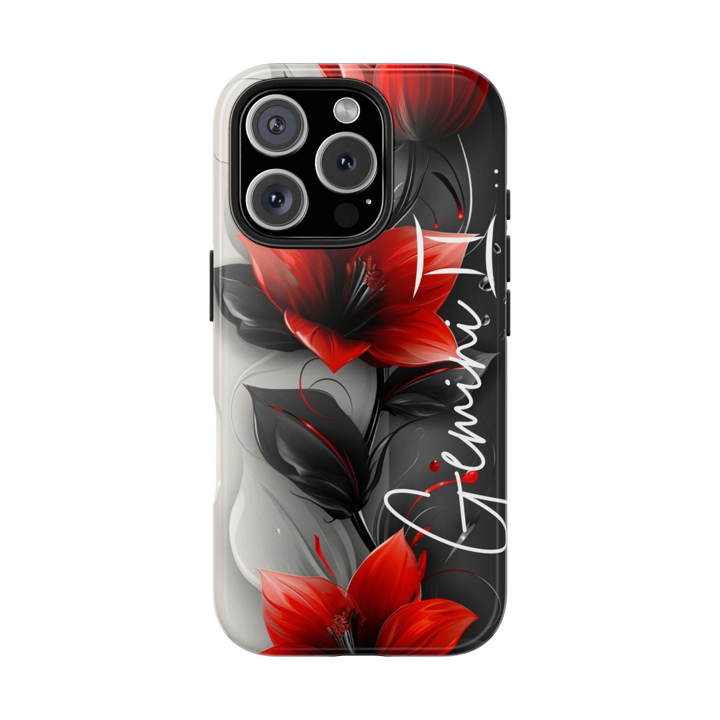 Beautiful red & black floral personalized name Phone case. Compatible with iPhone models 11-16
