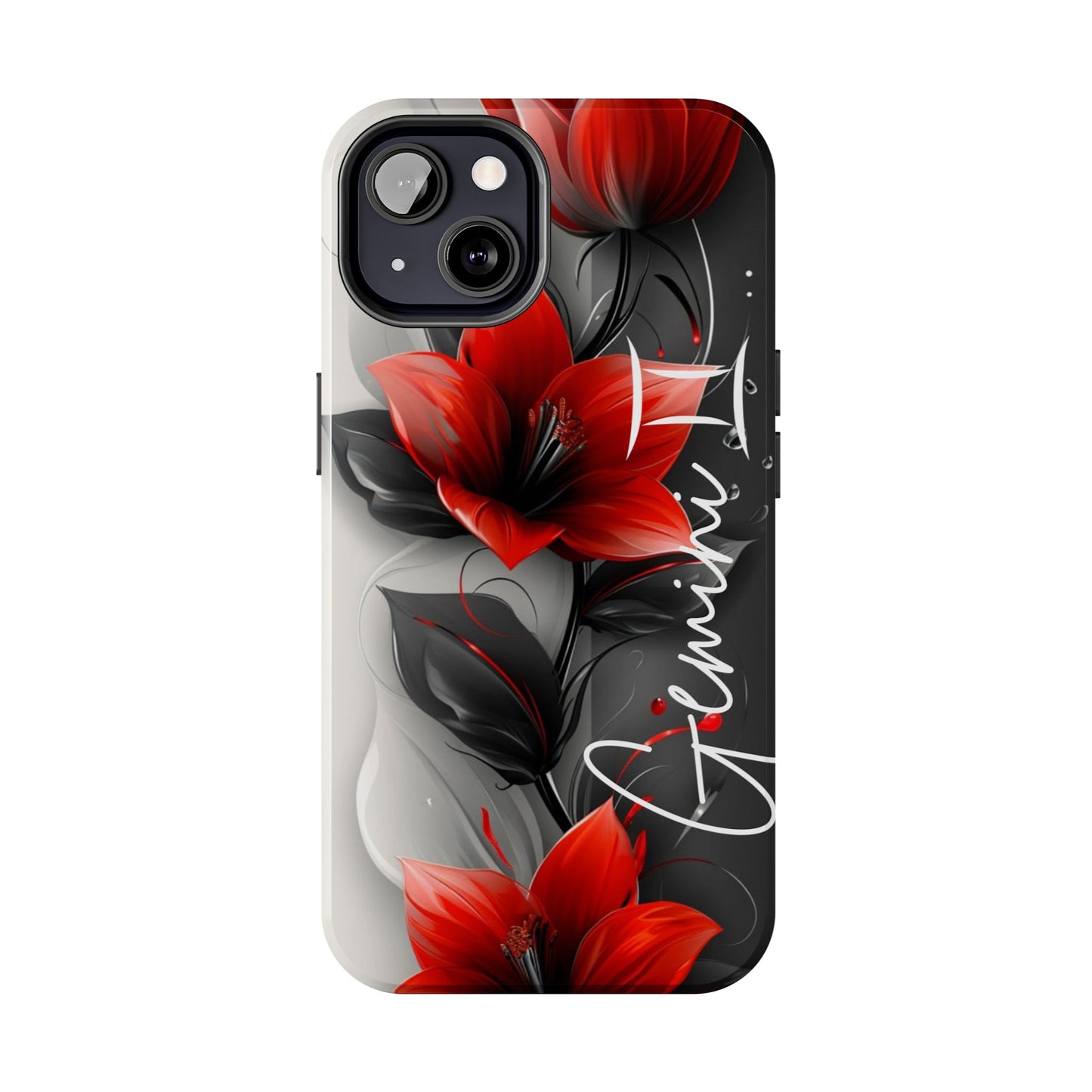 Beautiful red & black floral personalized name Phone case. Compatible with iPhone models 11-16