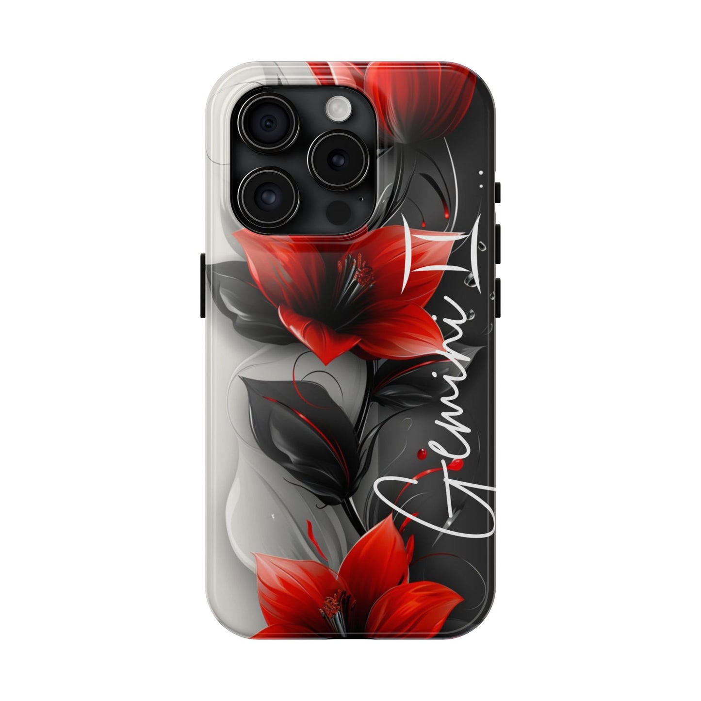 Beautiful red & black floral personalized name Phone case. Compatible with iPhone models 11-16