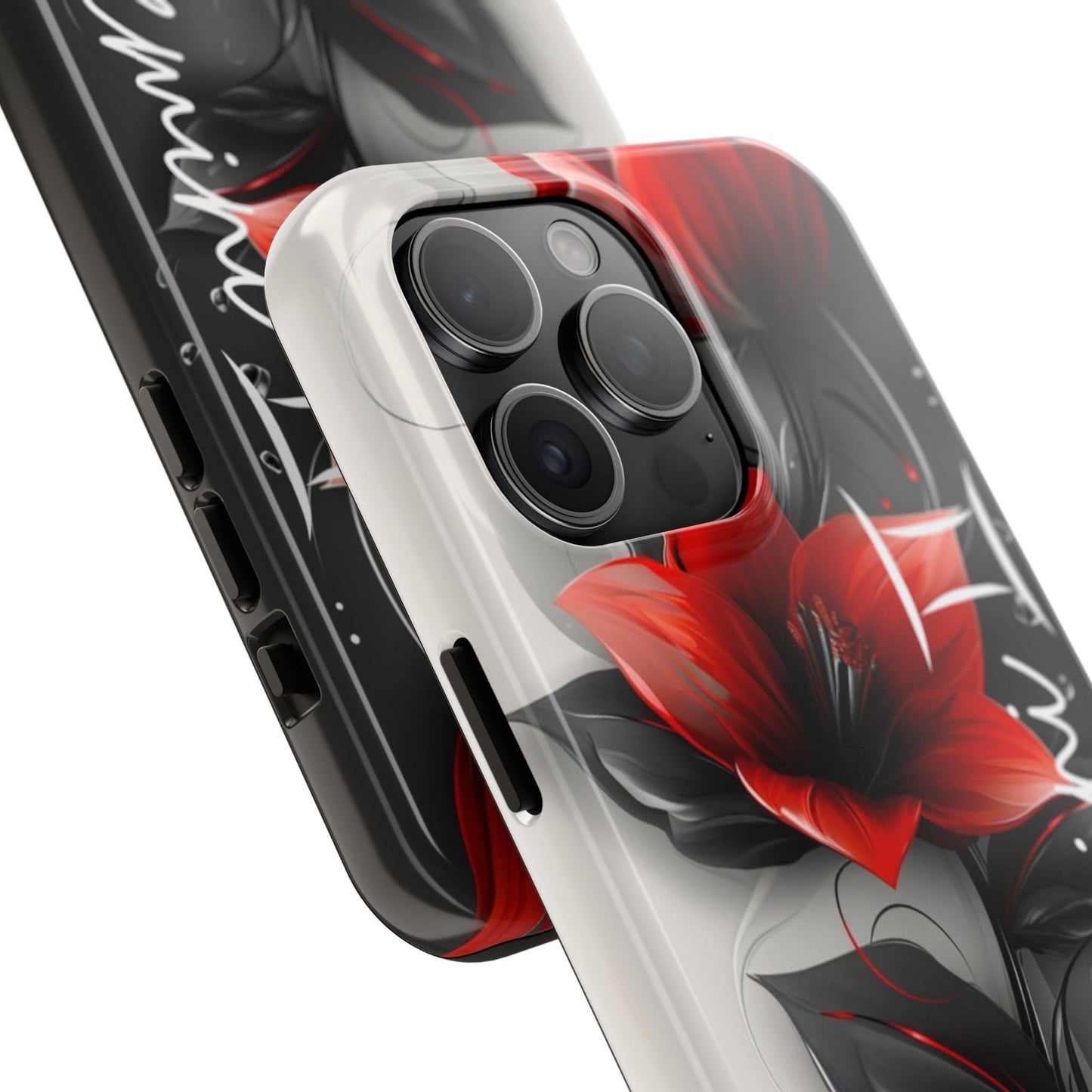 Beautiful red & black floral personalized name Phone case. Compatible with iPhone models 11-16