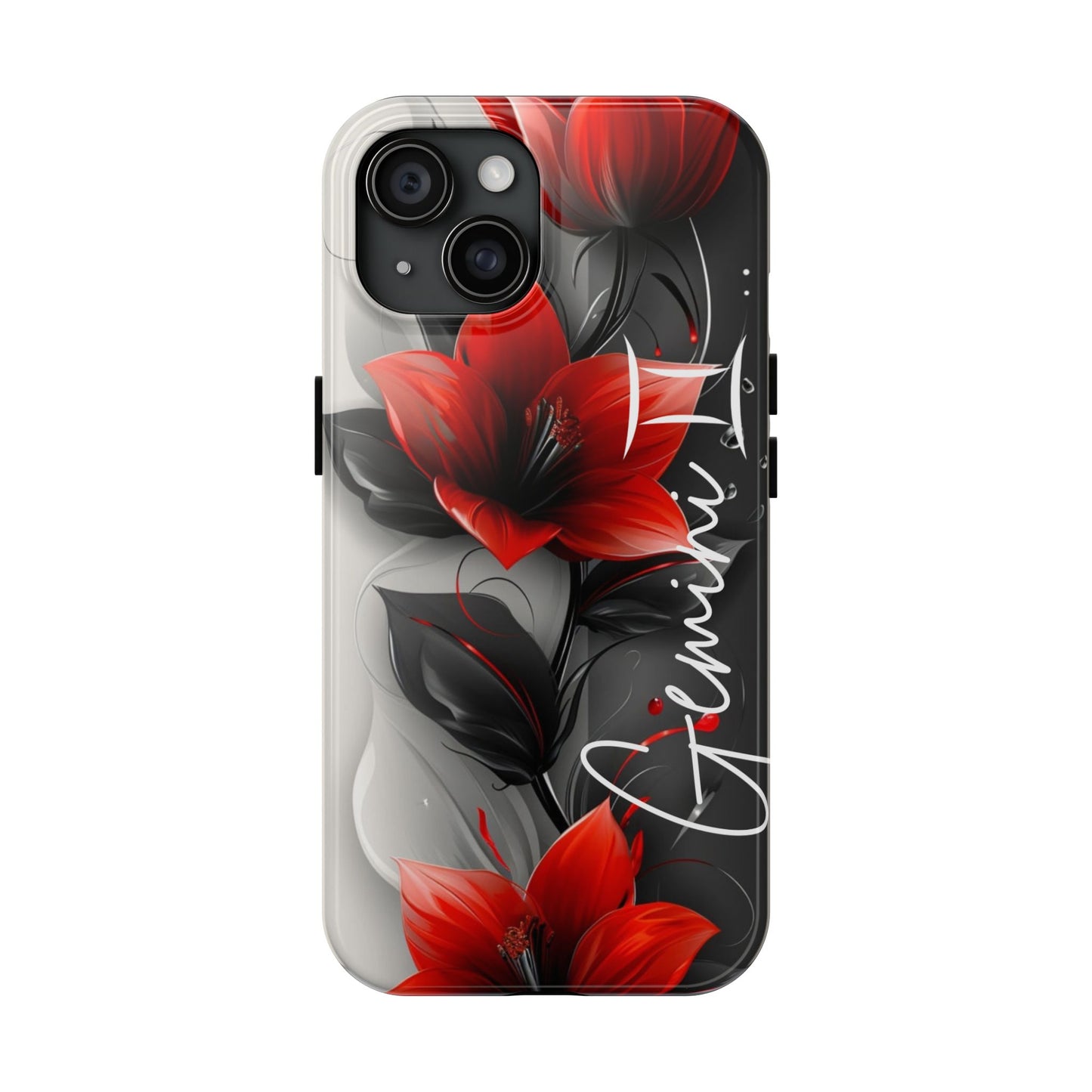 Beautiful red & black floral personalized name Phone case. Compatible with iPhone models 11-16
