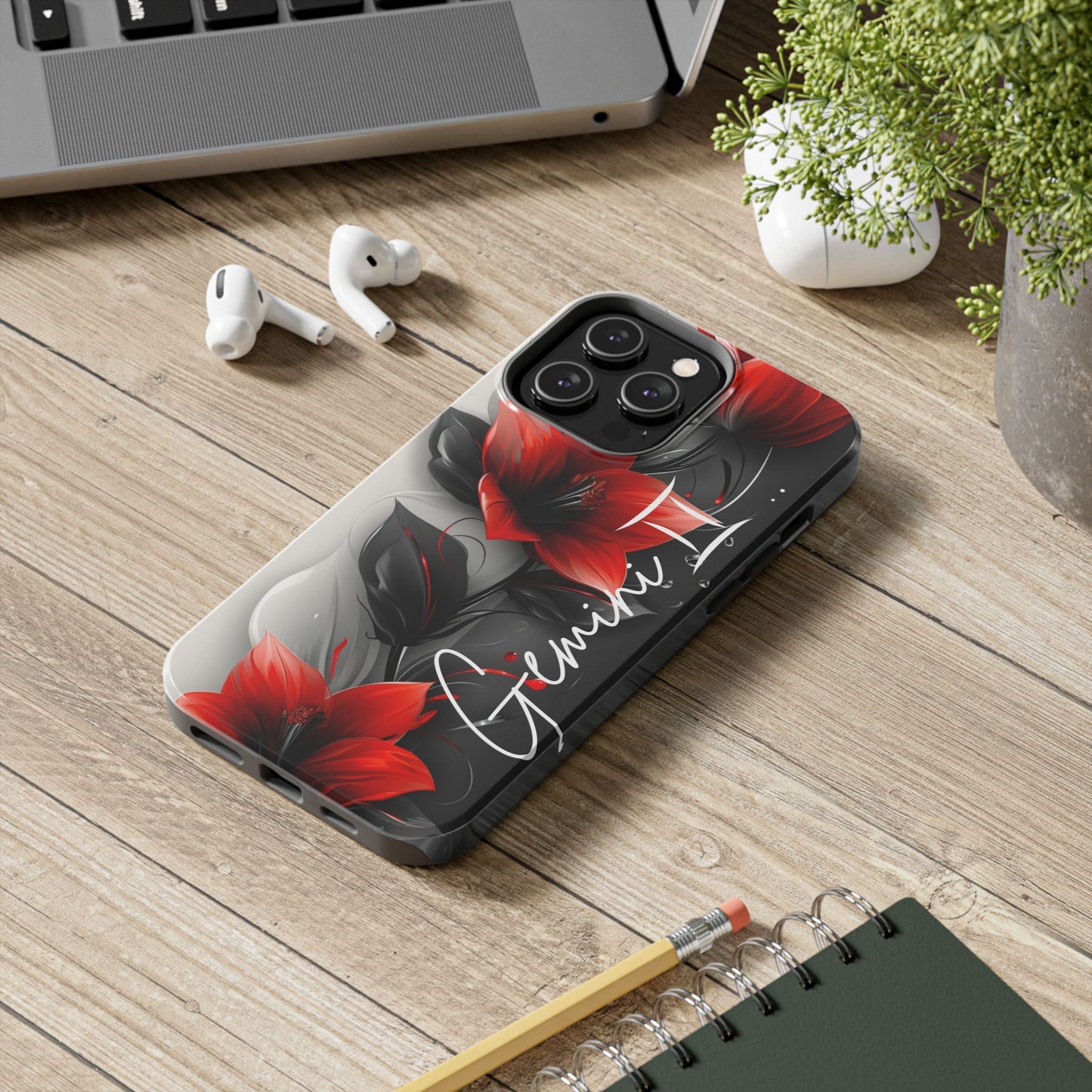 Beautiful red & black floral personalized name Phone case. Compatible with iPhone models 11-16