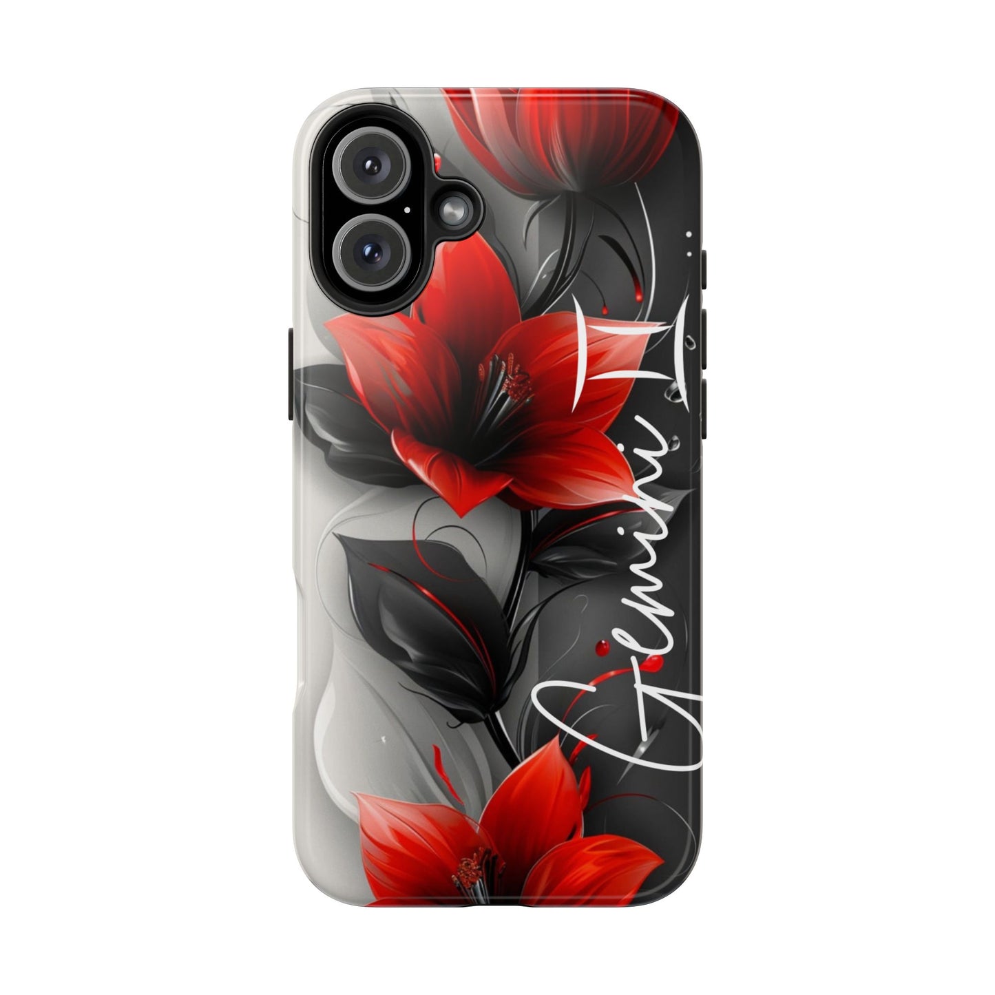 Beautiful red & black floral personalized name Phone case. Compatible with iPhone models 11-16