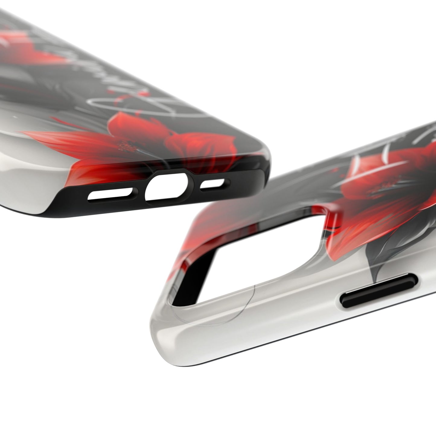 Beautiful red & black floral personalized name Phone case. Compatible with iPhone models 11-16