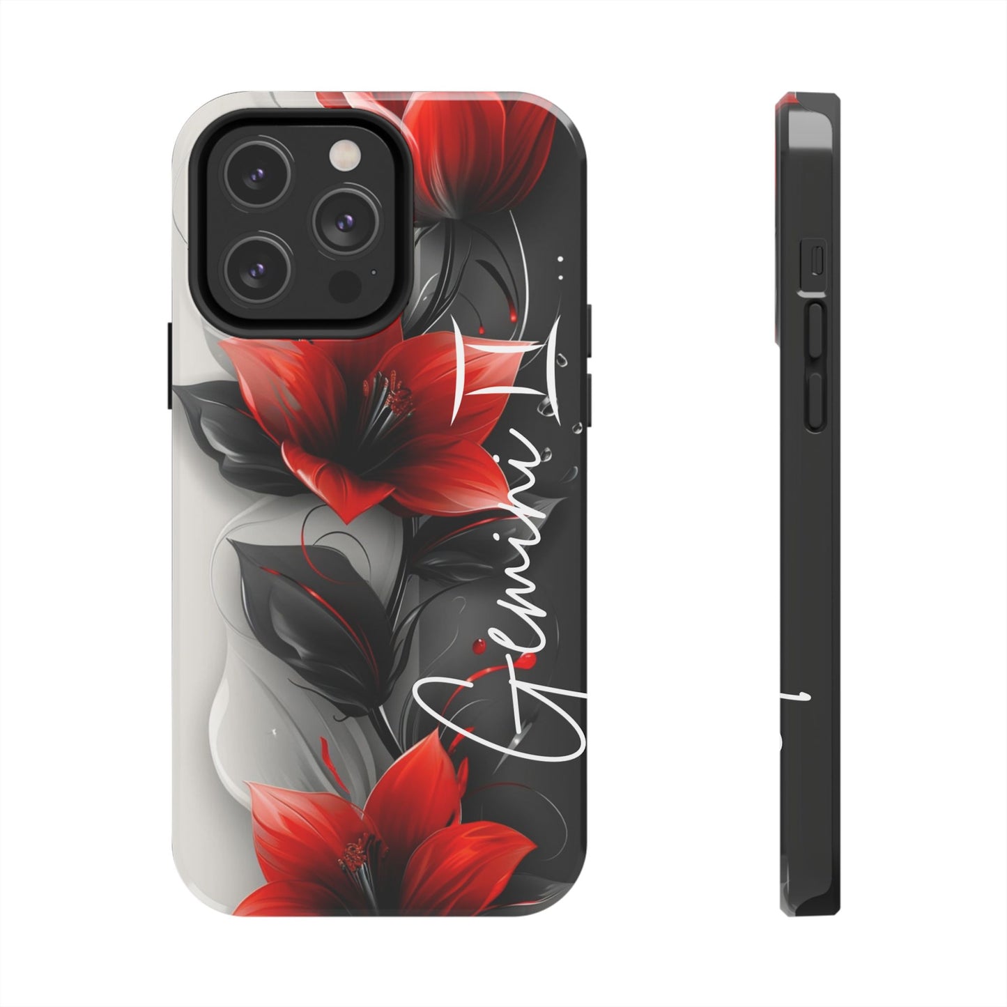 Beautiful red & black floral personalized name Phone case. Compatible with iPhone models 11-16