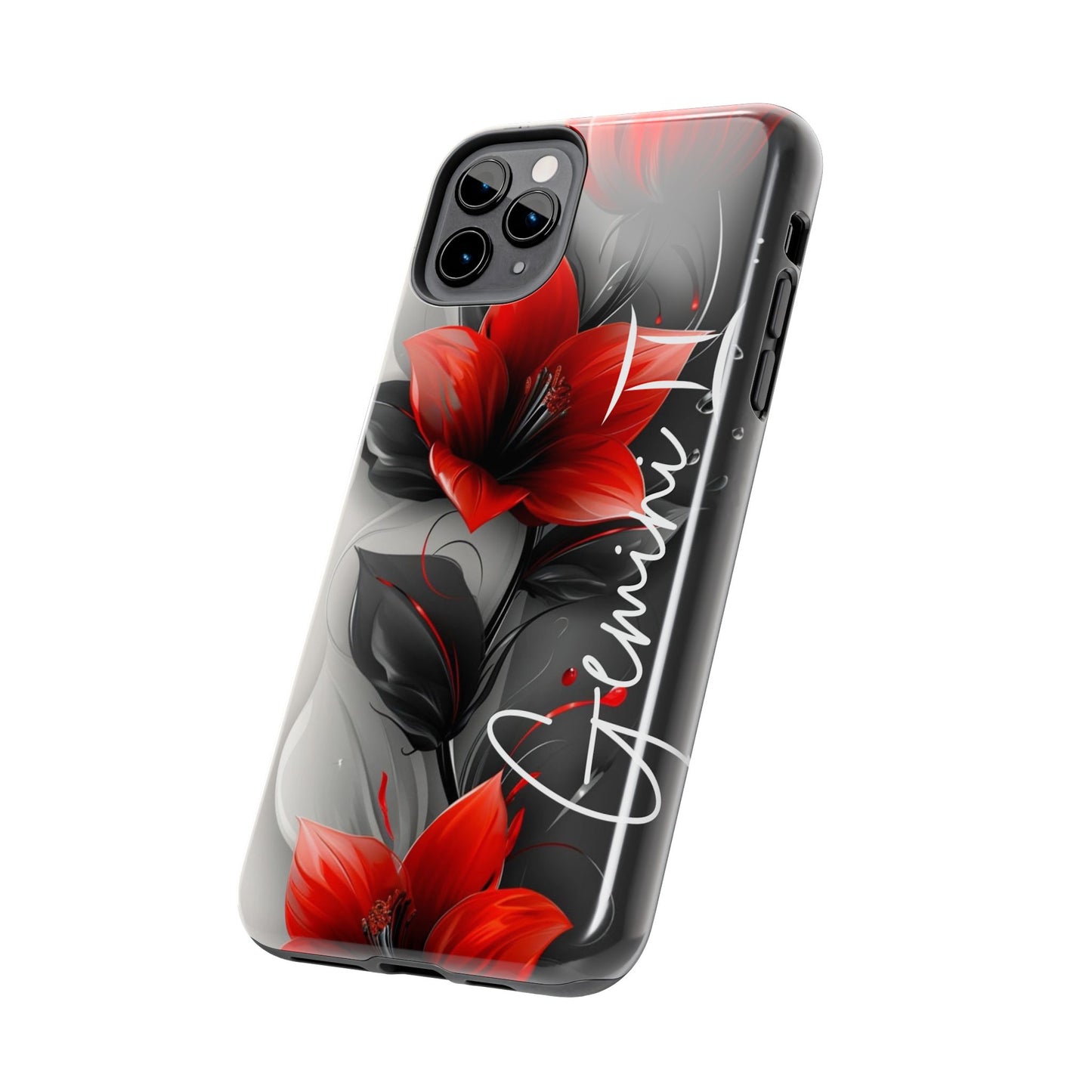 Beautiful red & black floral personalized name Phone case. Compatible with iPhone models 11-16