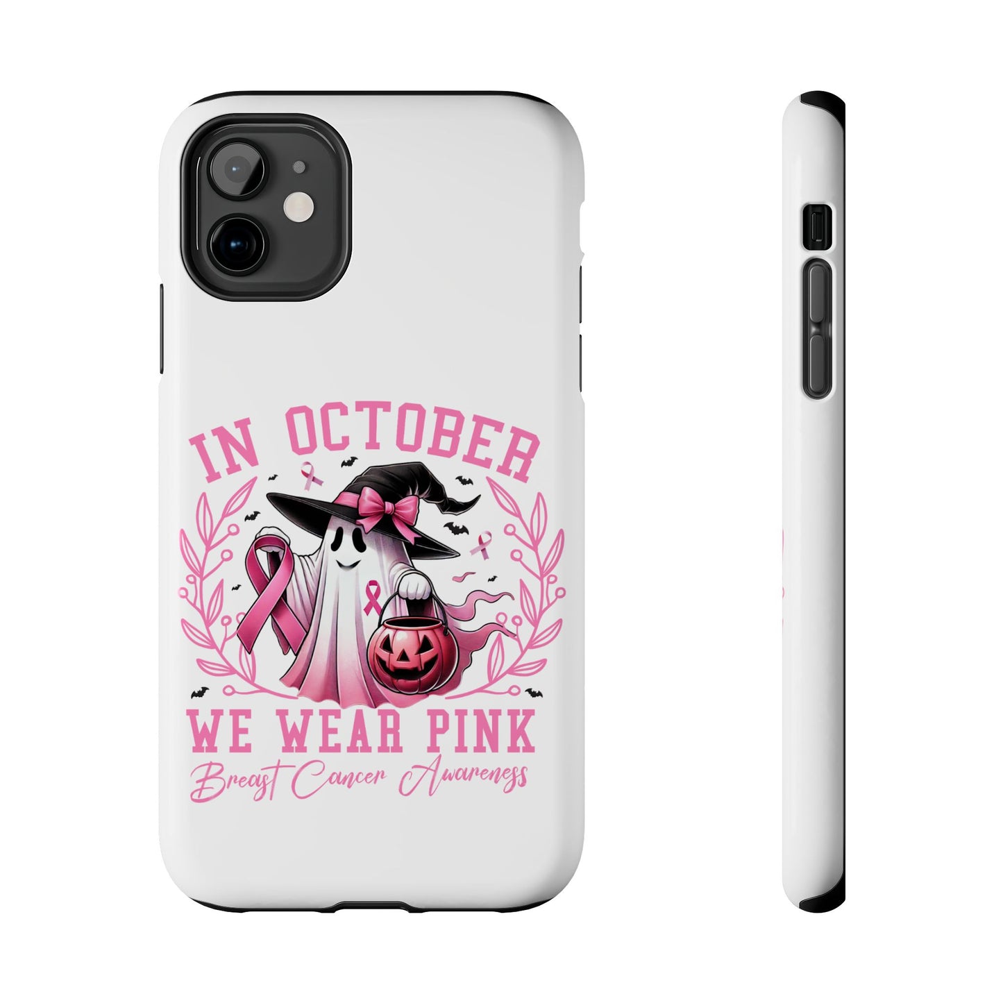 We wear pink in October Breast cancer awareness Halloween aesthetics iPhone case. Compatible with iPhone models 11-15 including all mini, plus, pro & pro max. Custom phone case for smartphones. design for Girls, Woman