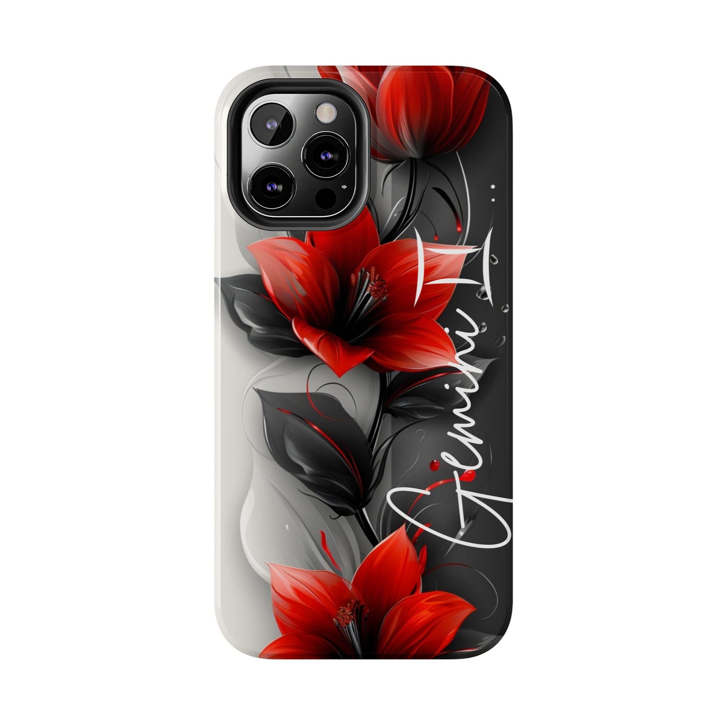 Beautiful red & black floral personalized name Phone case. Compatible with iPhone models 11-16