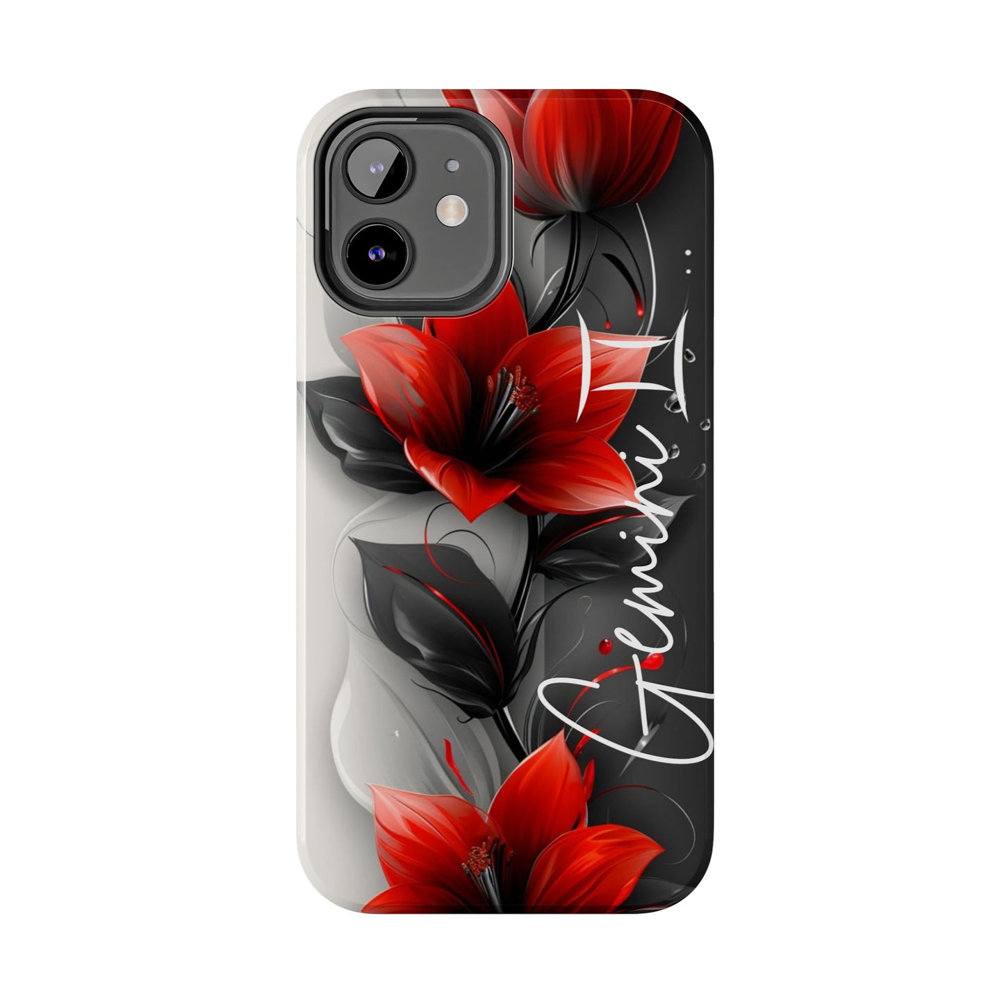 Beautiful red & black floral personalized name Phone case. Compatible with iPhone models 11-16