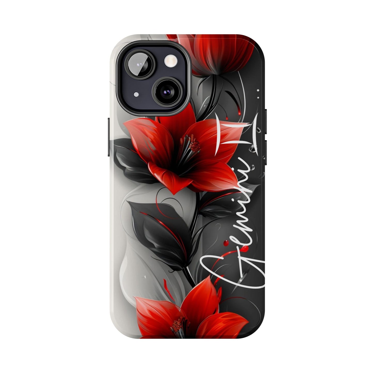 Beautiful red & black floral personalized name Phone case. Compatible with iPhone models 11-16