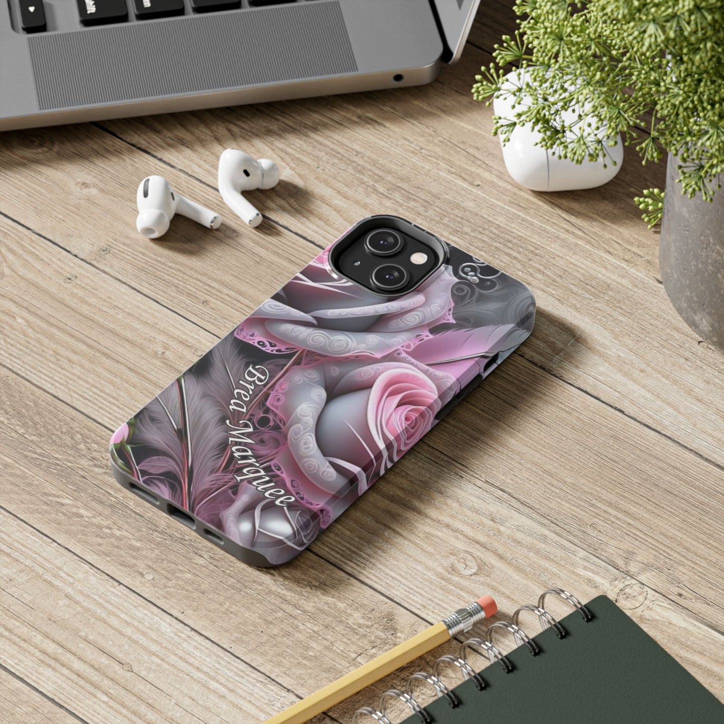 Custom pink & grey rose personalized iPhone case. Compatible with iPhone models 11, 12, 13, 14, 15 including all mini, plus, pro & pro max