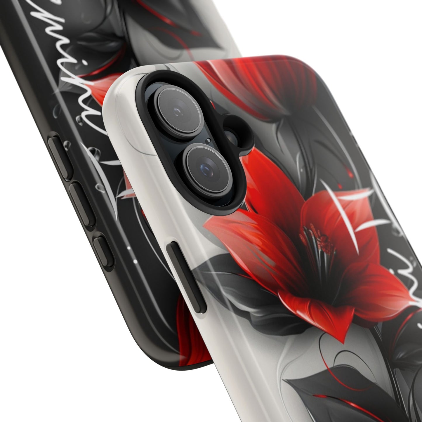 Beautiful red & black floral personalized name Phone case. Compatible with iPhone models 11-16