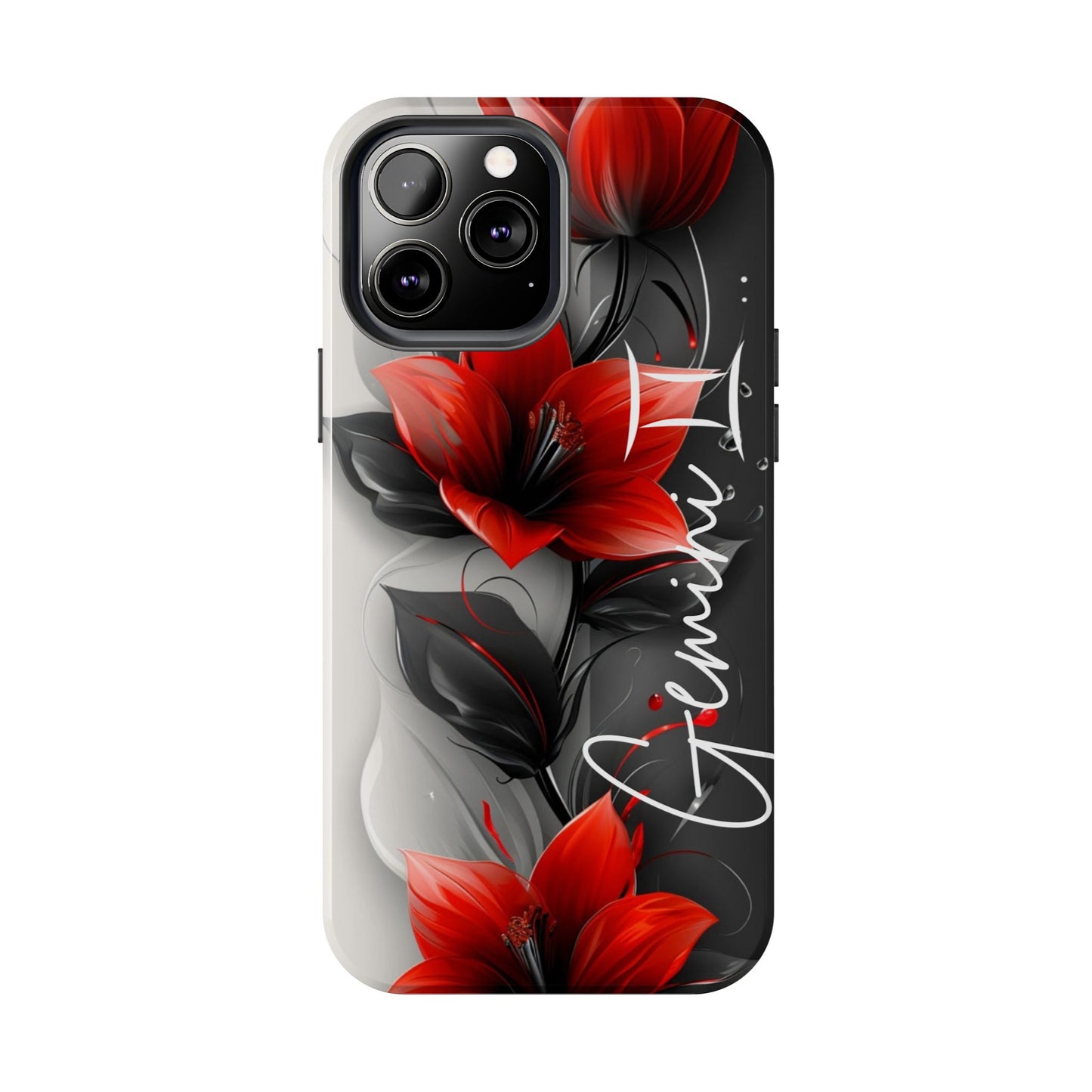 Beautiful red & black floral personalized name Phone case. Compatible with iPhone models 11-16