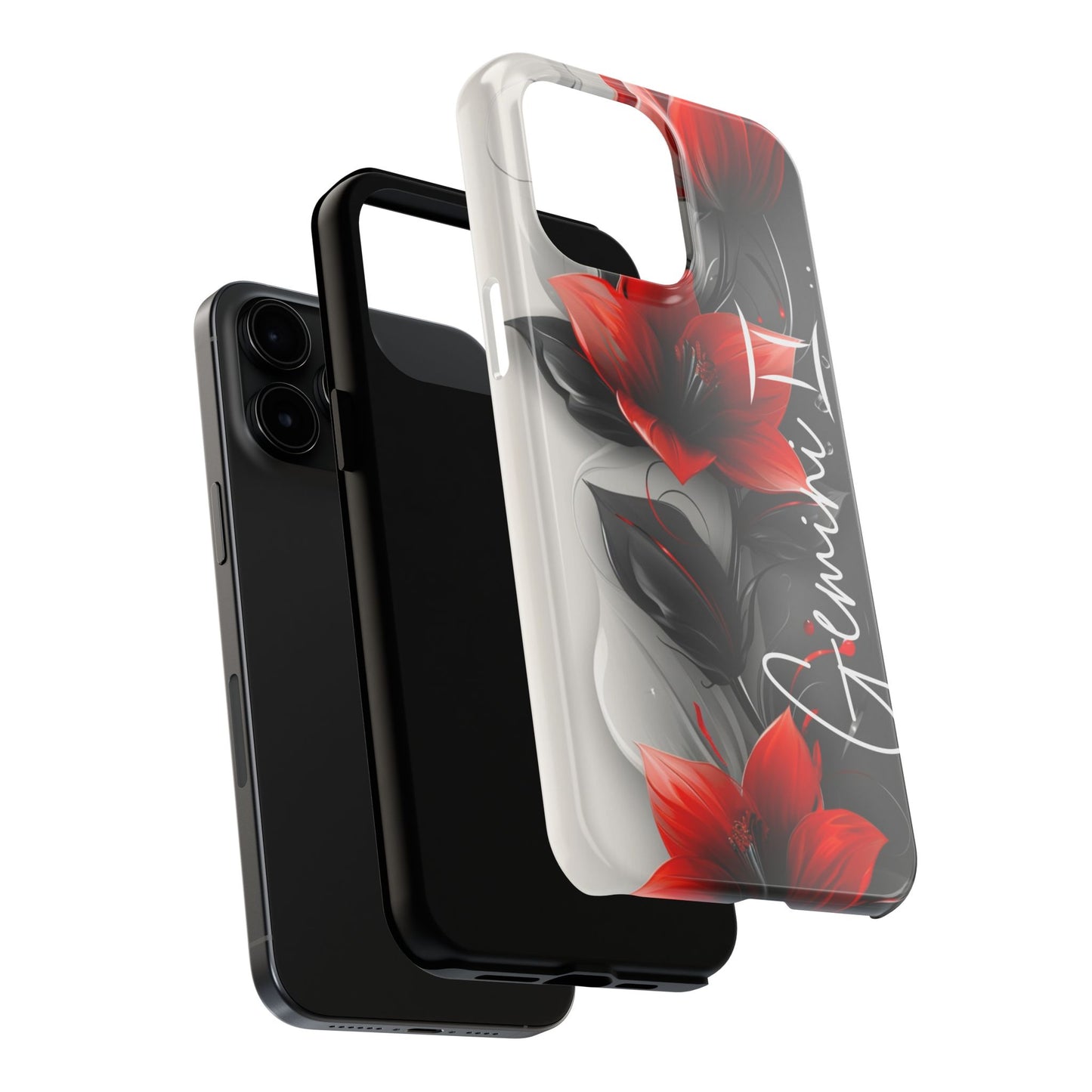 Beautiful red & black floral personalized name Phone case. Compatible with iPhone models 11-16