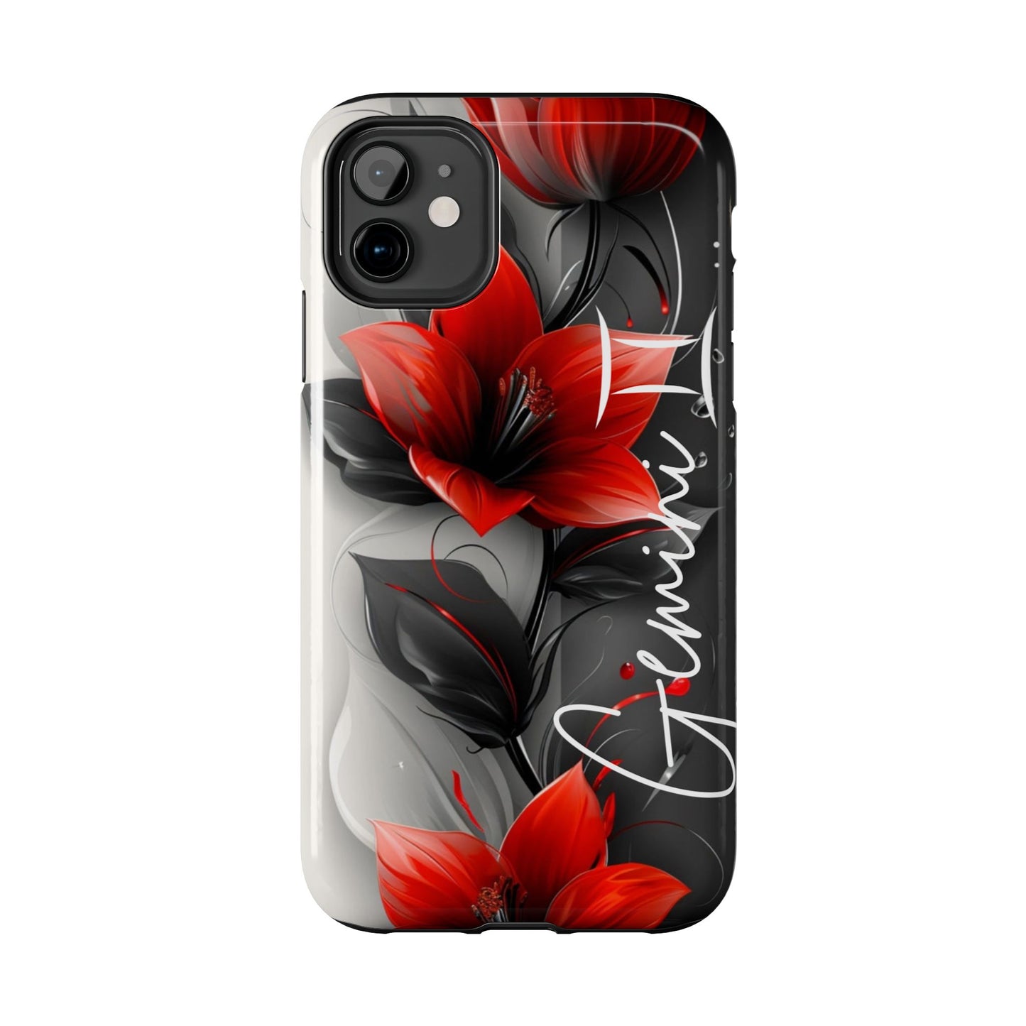 Beautiful red & black floral personalized name Phone case. Compatible with iPhone models 11-16