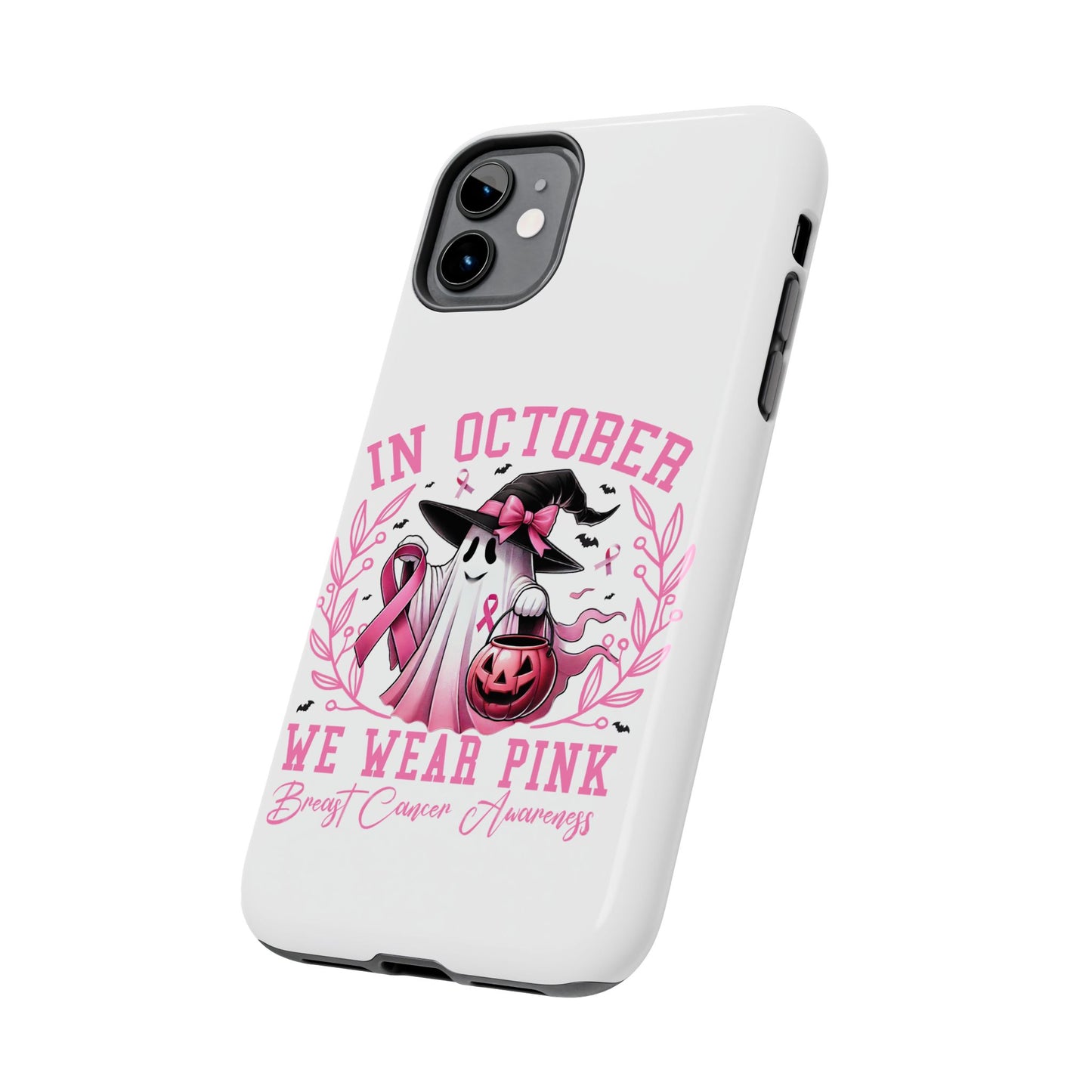 We wear pink in October Breast cancer awareness Halloween aesthetics iPhone case. Compatible with iPhone models 11-15 including all mini, plus, pro & pro max. Custom phone case for smartphones. design for Girls, Woman
