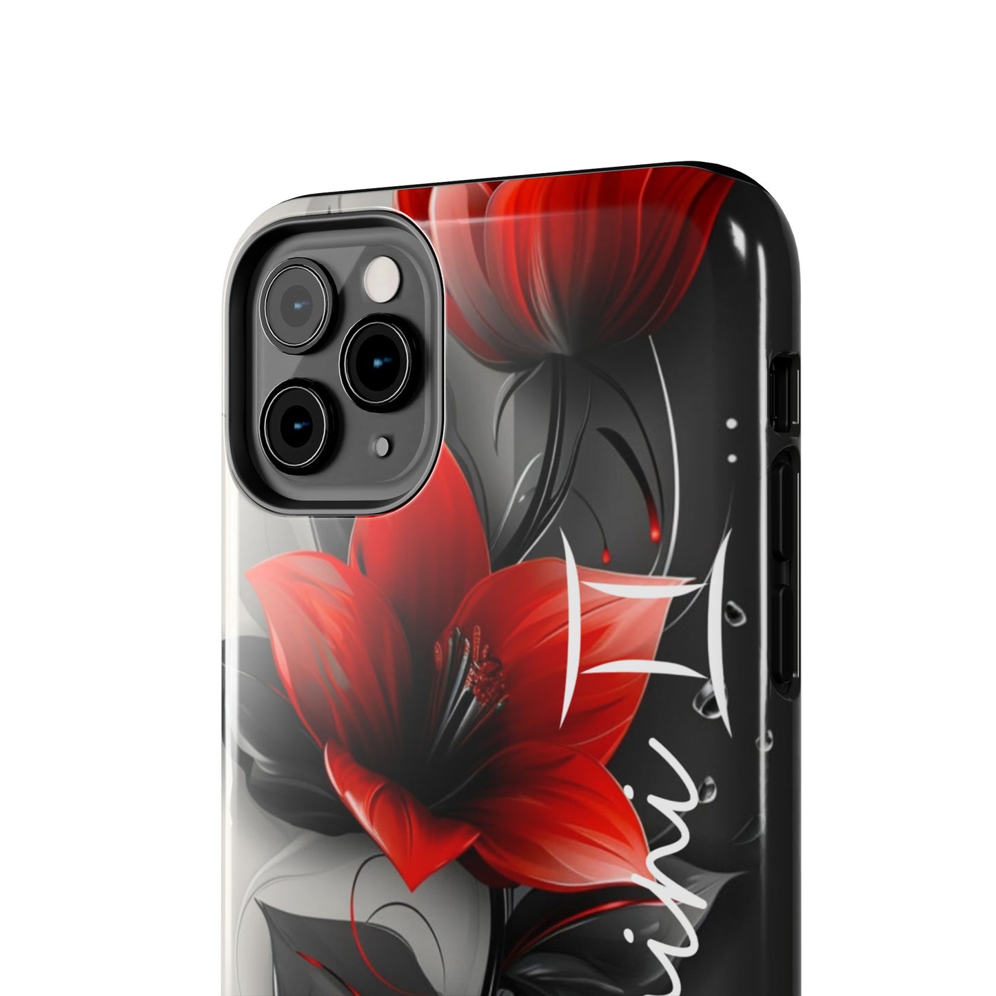 Beautiful red & black floral personalized name Phone case. Compatible with iPhone models 11-16