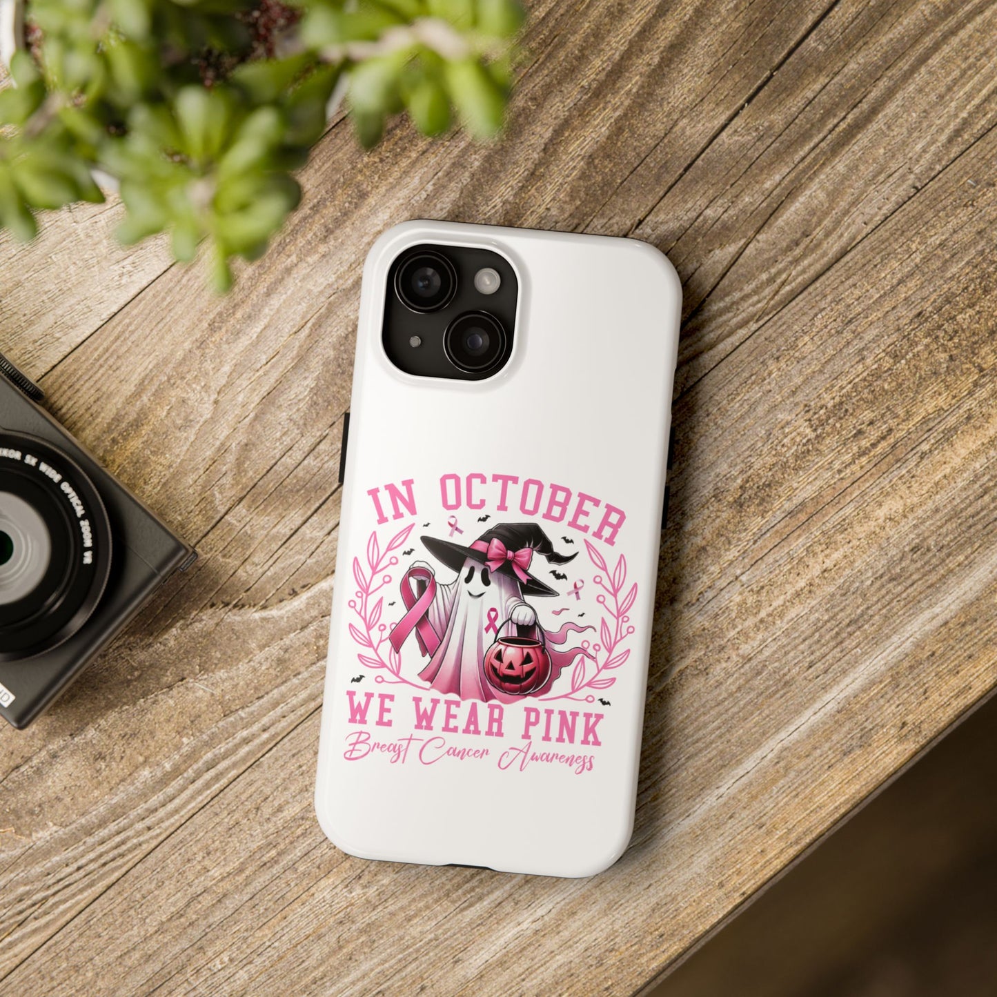 We wear pink in October Breast cancer awareness Halloween aesthetics iPhone case. Compatible with iPhone models 11-15 including all mini, plus, pro & pro max. Custom phone case for smartphones. design for Girls, Woman