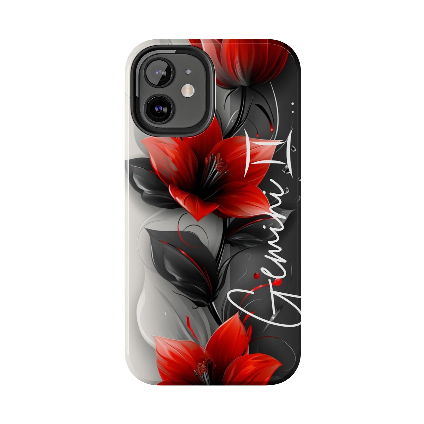 Beautiful red & black floral personalized name Phone case. Compatible with iPhone models 11-16