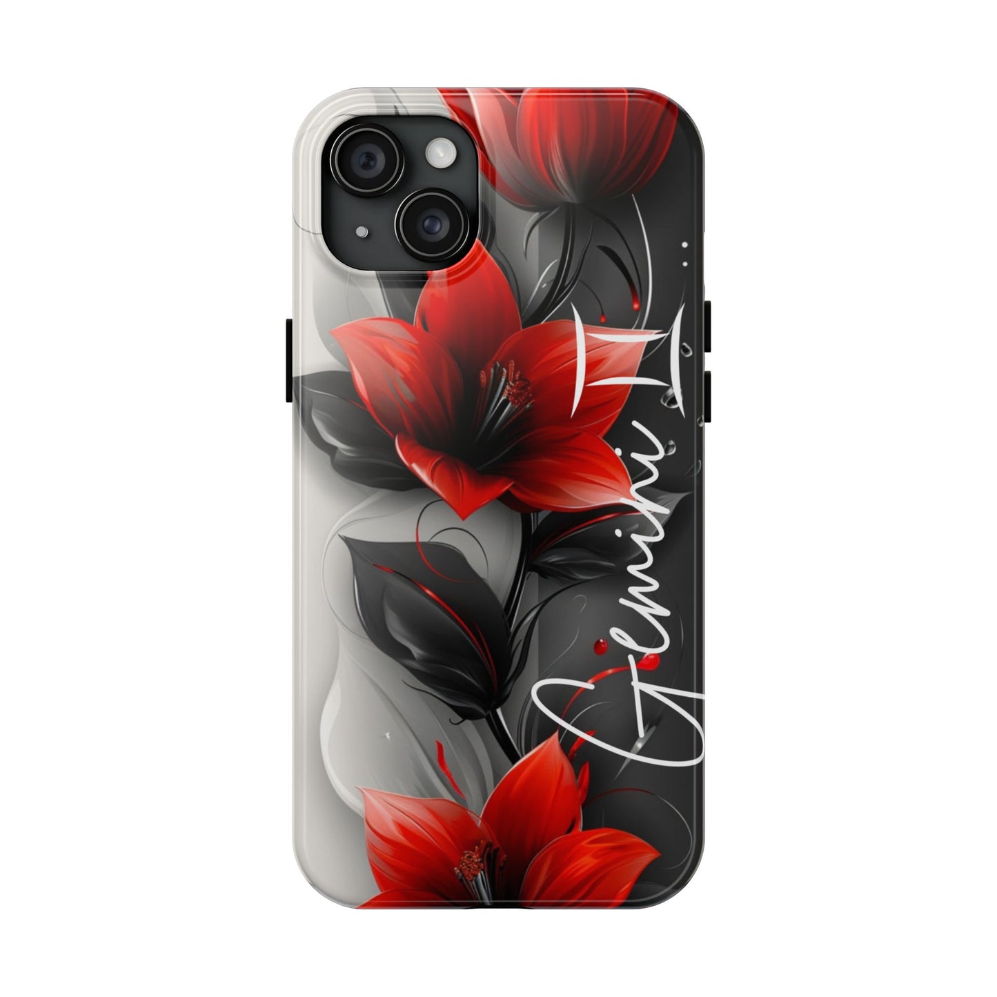 Beautiful red & black floral personalized name Phone case. Compatible with iPhone models 11-16