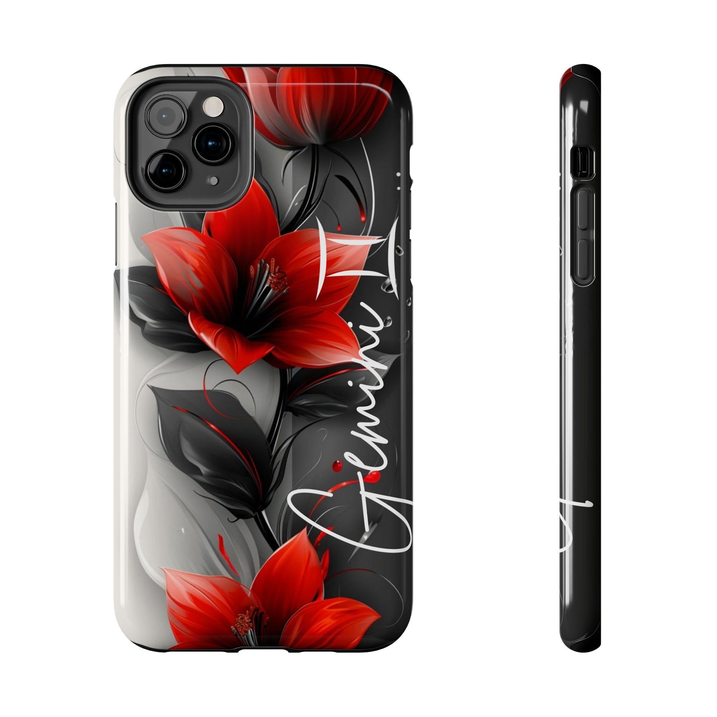 Beautiful red & black floral personalized name Phone case. Compatible with iPhone models 11-16