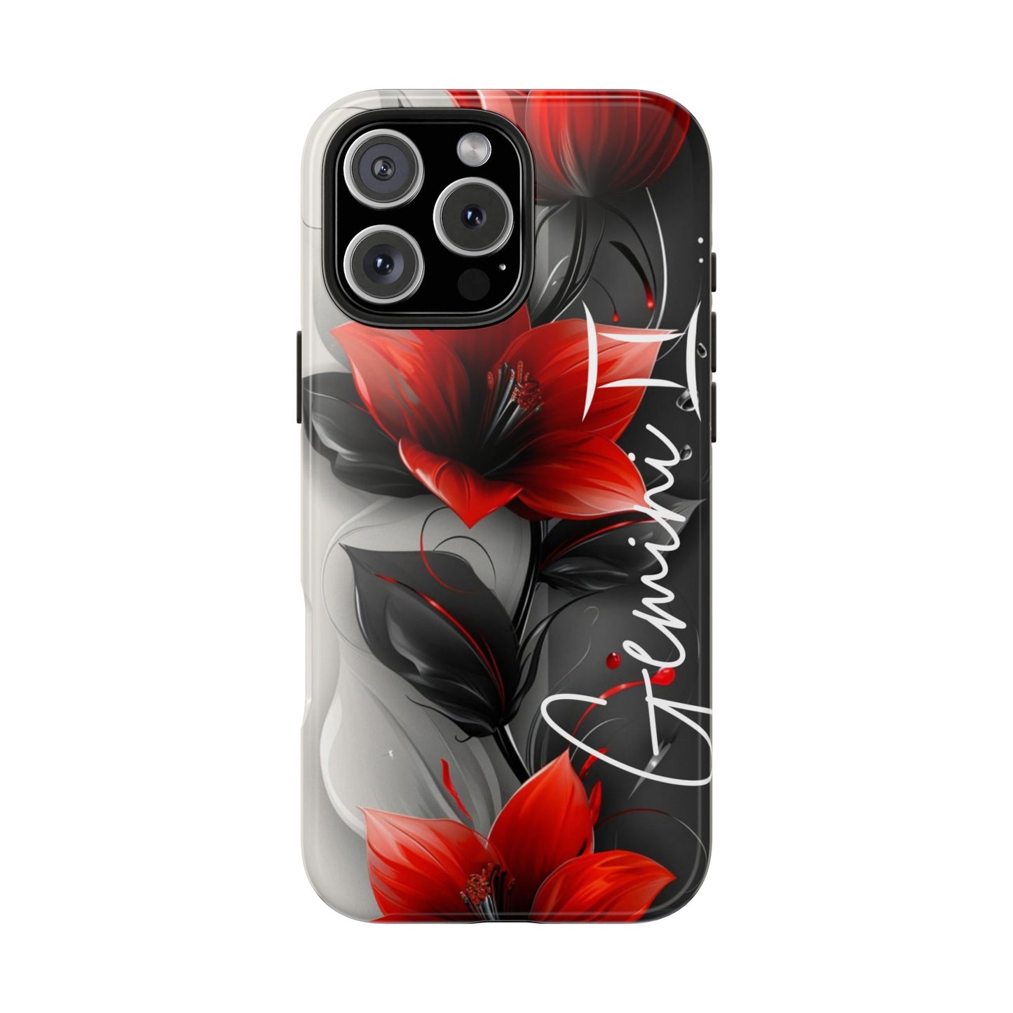 Beautiful red & black floral personalized name Phone case. Compatible with iPhone models 11-16
