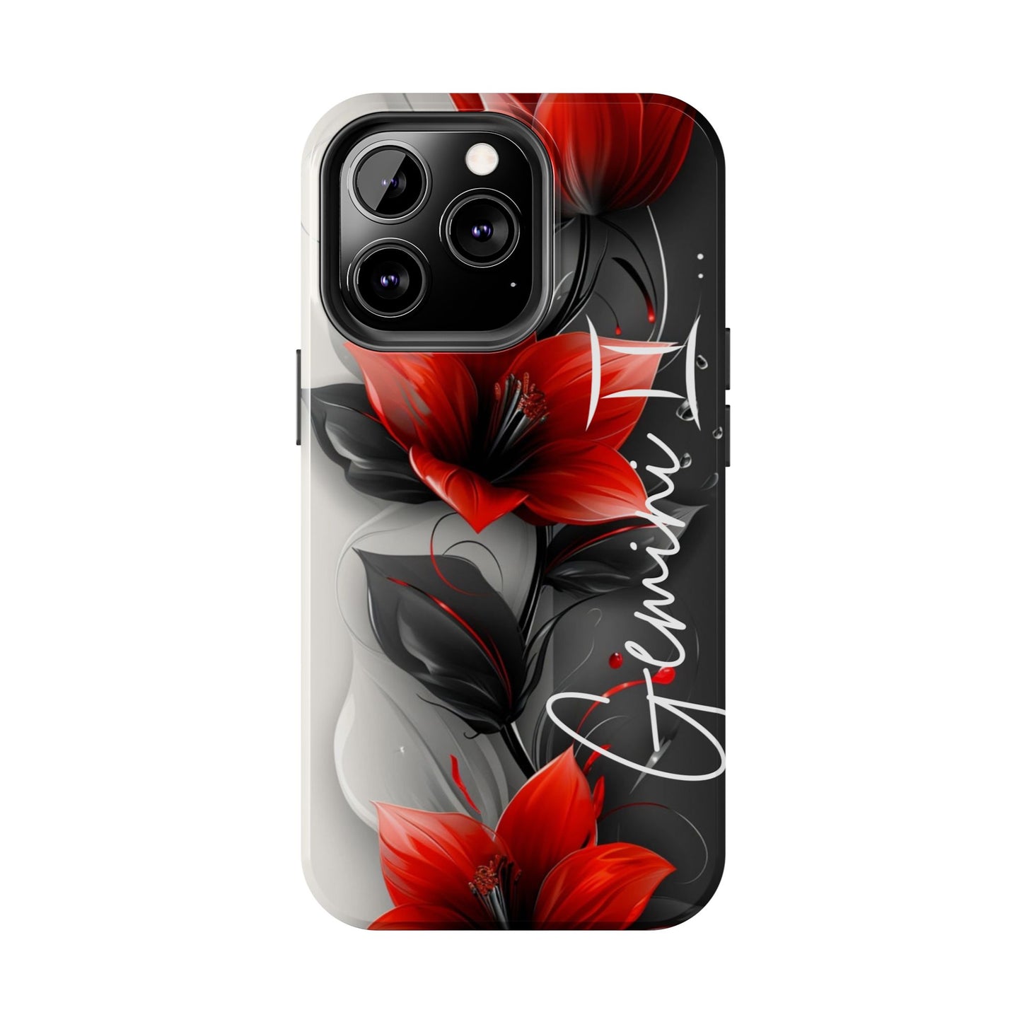 Beautiful red & black floral personalized name Phone case. Compatible with iPhone models 11-16