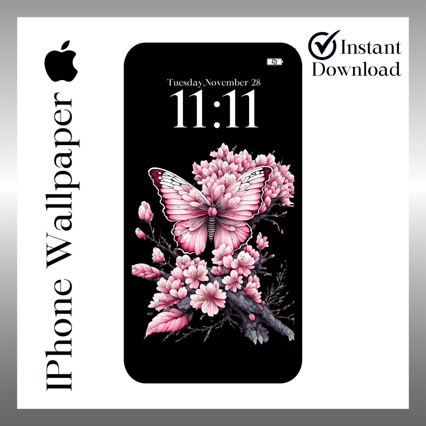 Pink & black butterfly phone wallpaper digital download