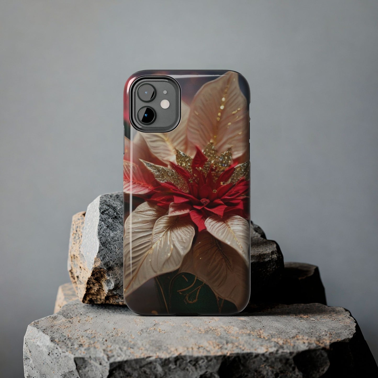 Christmas poinsettia floral iPhone case. Compatible with iPhone models 11-16 including all mini, plus, pro & pro max. Custom phone case for smartphones. design for Girls, Woman