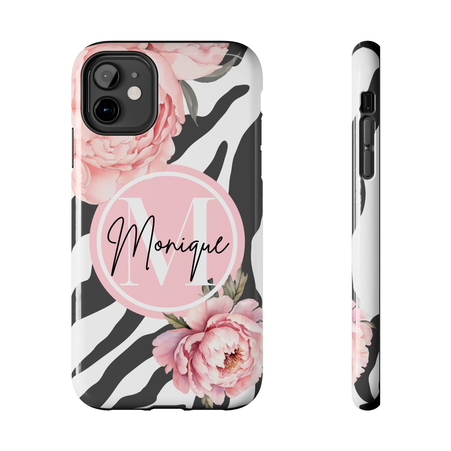 Custom pink floral, zebra print personalized iPhone case. Compatible with iPhone models 11, 12, 13, 14, 15 including all mini, plus, pro & pro max