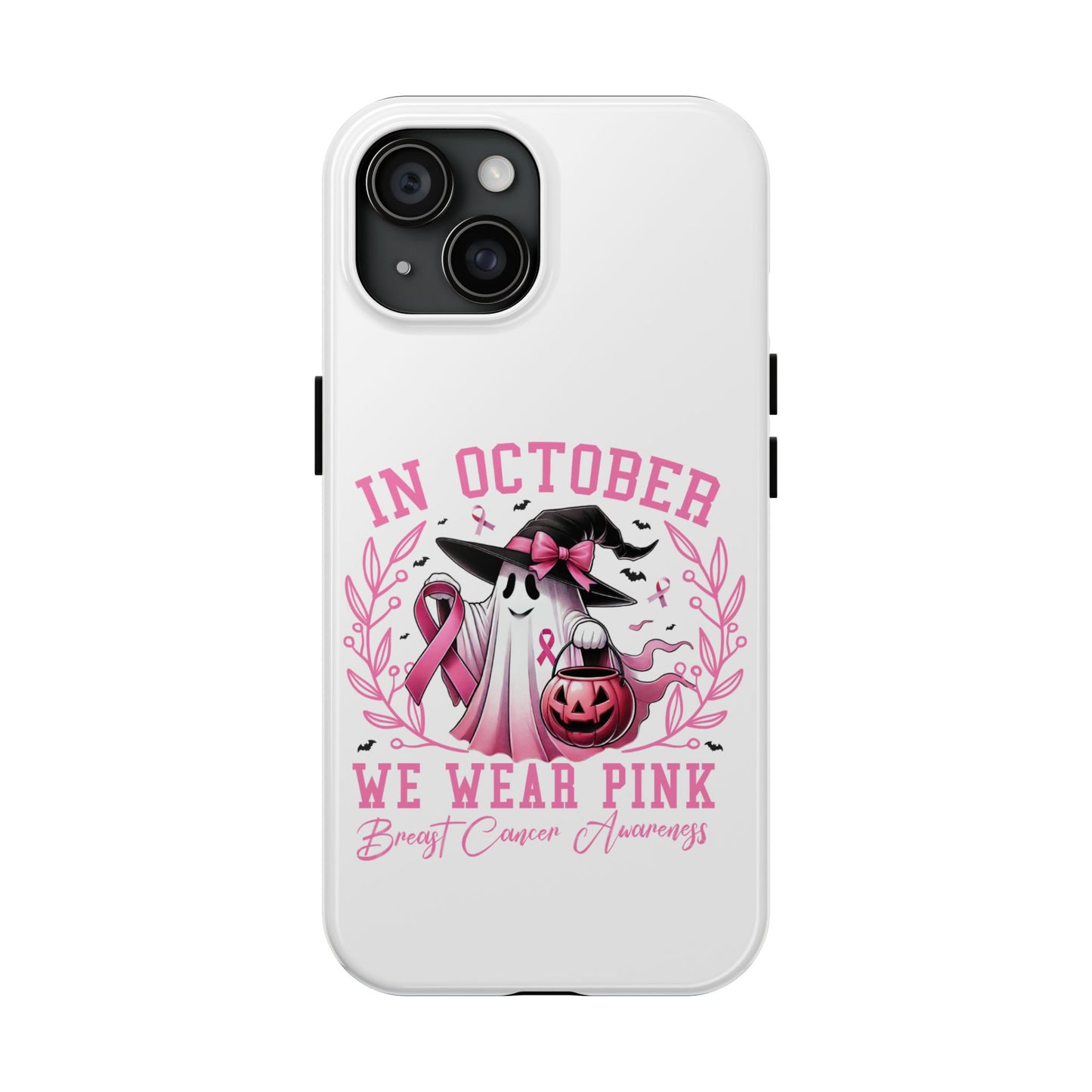 We wear pink in October Breast cancer awareness Halloween aesthetics iPhone case. Compatible with iPhone models 11-15 including all mini, plus, pro & pro max. Custom phone case for smartphones. design for Girls, Woman