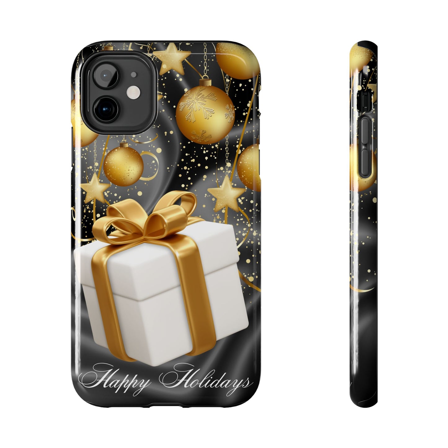 Black & gold Happy Holiday iPhone case. Compatible with iPhone models 11-16 including all mini, plus, pro & pro max. Custom phone case for smartphones. design for Girls, Woman