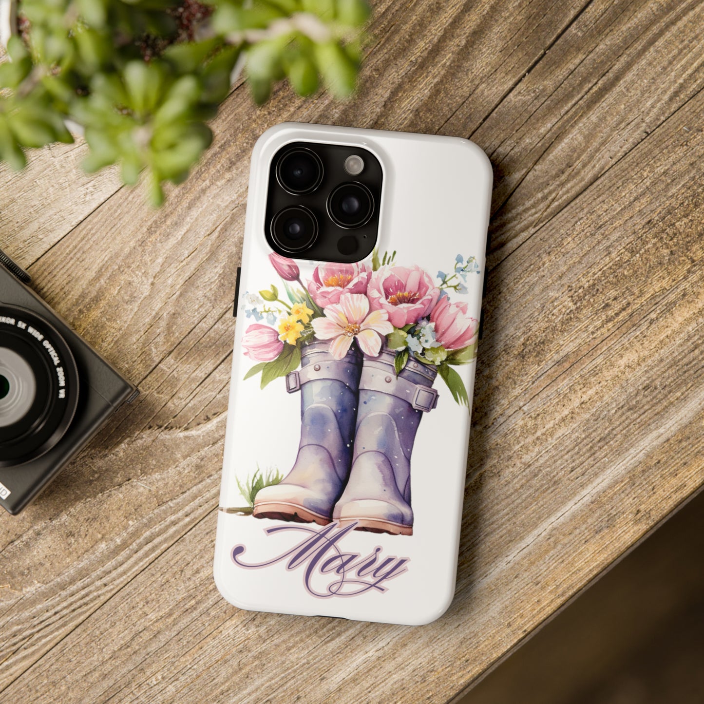 Custom purple rainboots & flowers Mother's day personalized iPhone Case