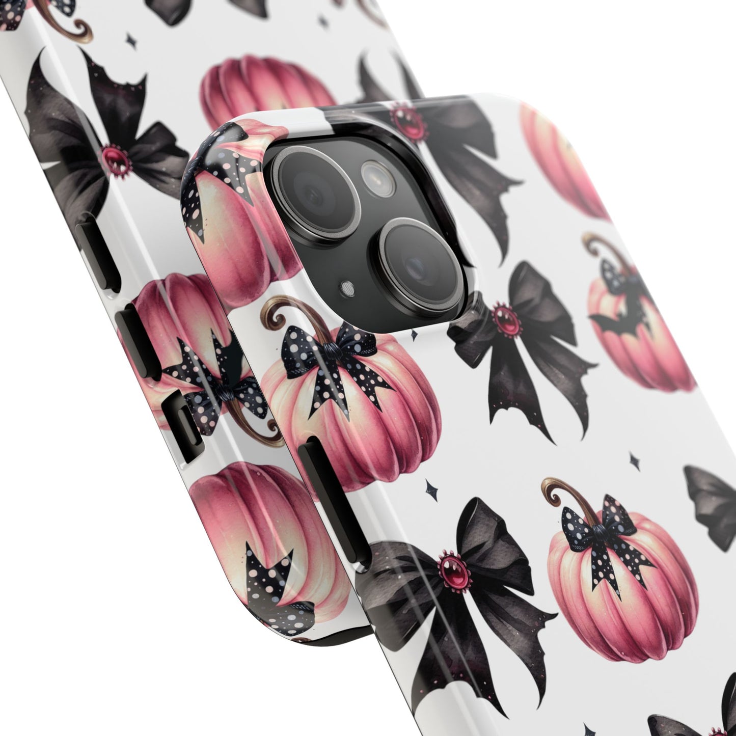 Custom pink & black Halloween bows personalized iPhone case. Compatible with iPhone models 11, 12, 13, 14, 15 including all mini, plus, pro & pro max