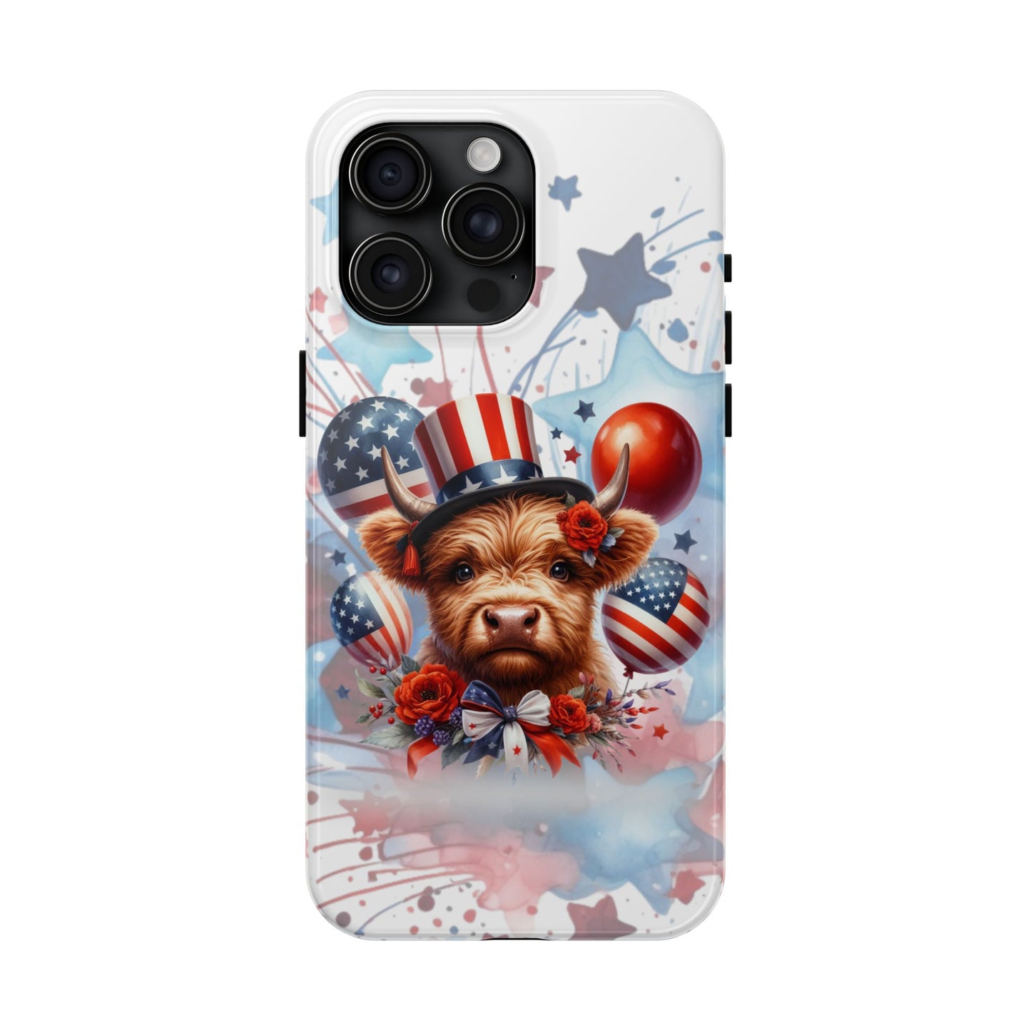 Summer 4th of July holiday Phone Case- Patriotic Highland Cow- iPhone compatible