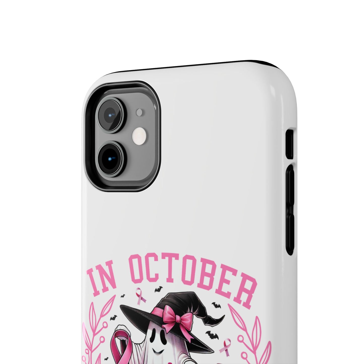 We wear pink in October Breast cancer awareness Halloween aesthetics iPhone case. Compatible with iPhone models 11-15 including all mini, plus, pro & pro max. Custom phone case for smartphones. design for Girls, Woman