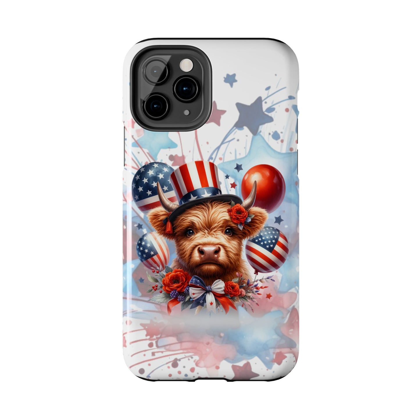 Summer 4th of July holiday Phone Case- Patriotic Highland Cow- iPhone compatible