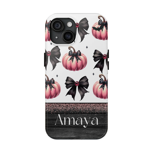 Custom pink & black Halloween bows personalized iPhone case. Compatible with iPhone models 11, 12, 13, 14, 15 including all mini, plus, pro & pro max