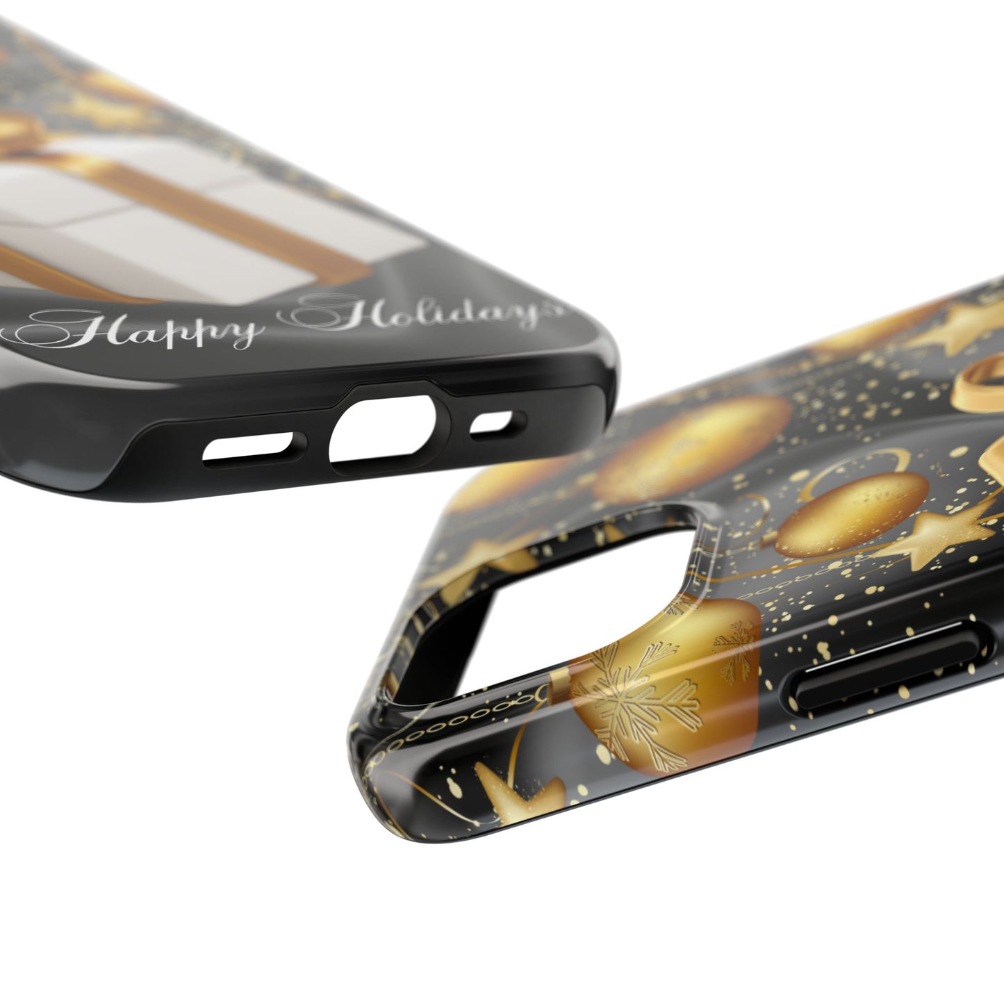 Black & gold Happy Holiday iPhone case. Compatible with iPhone models 11-16 including all mini, plus, pro & pro max. Custom phone case for smartphones. design for Girls, Woman