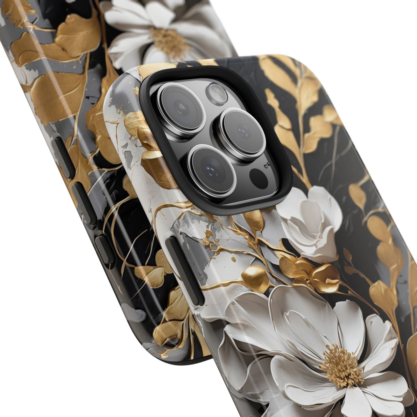 Black & gold floral iPhone Cover, flower Accessory, Cute Phone Protector, seasonal Tech