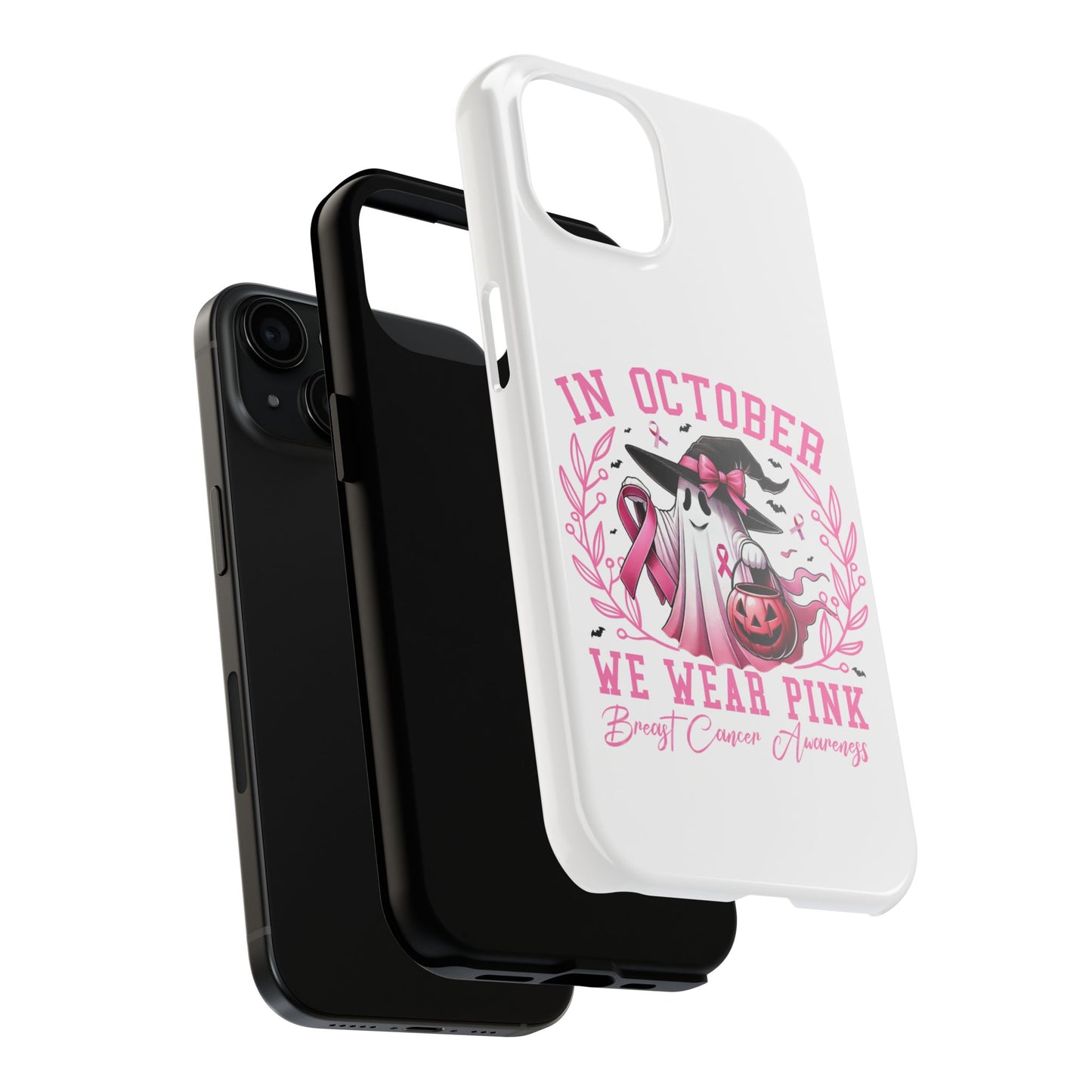 We wear pink in October Breast cancer awareness Halloween aesthetics iPhone case. Compatible with iPhone models 11-15 including all mini, plus, pro & pro max. Custom phone case for smartphones. design for Girls, Woman