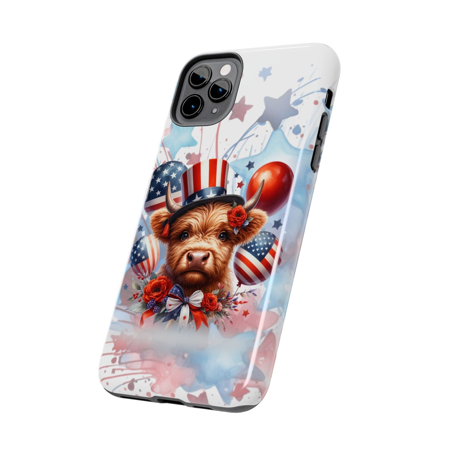 Summer 4th of July holiday Phone Case- Patriotic Highland Cow- iPhone compatible