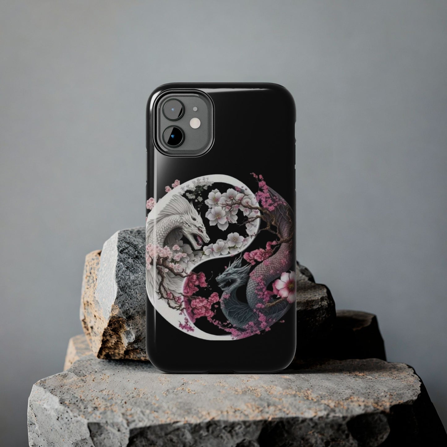 Floral dragons iPhone case. Compatible with iPhone models 11, 12, 13, 14, 15 including all mini, plus, pro & pro max