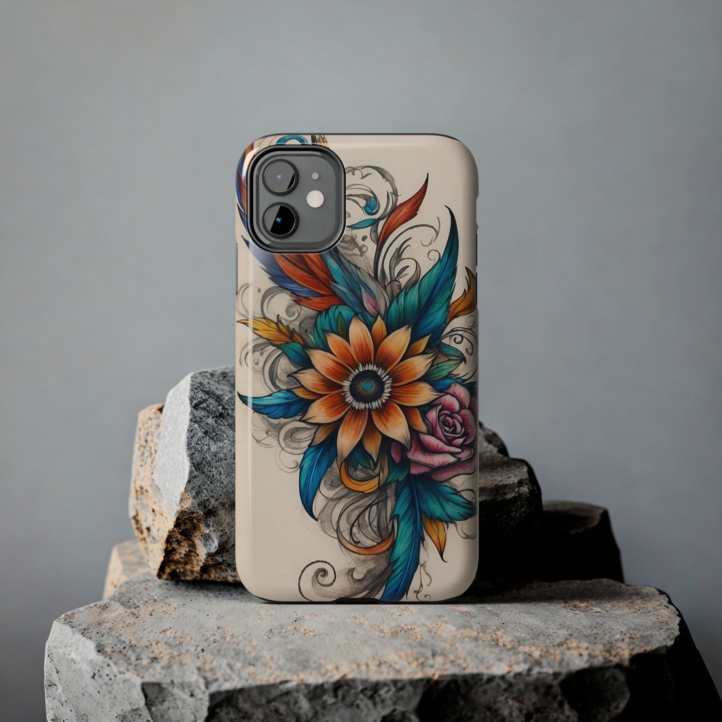 Tattoo style floral iPhone Cover, flower Accessory, Cute Phone Protector, aesthetic Tech