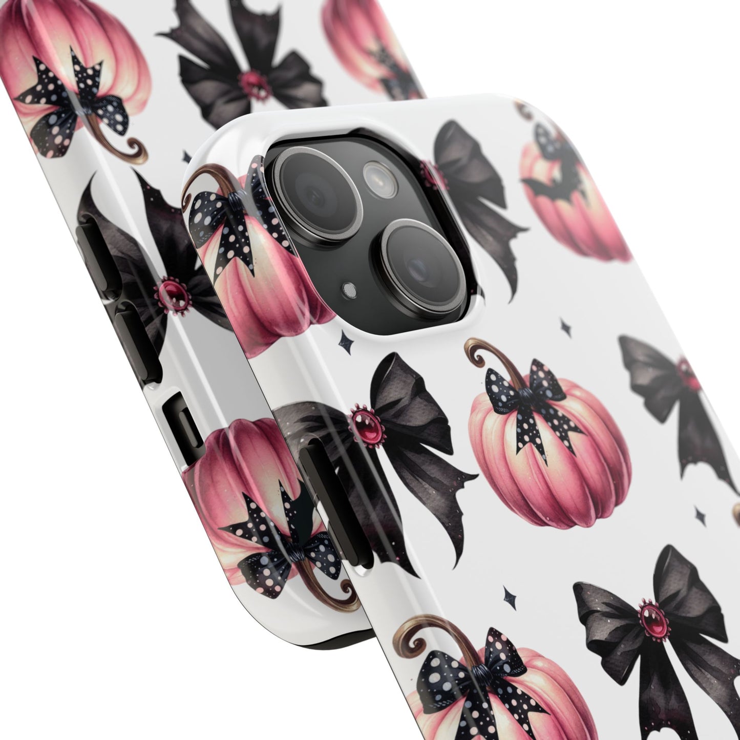 Custom pink & black Halloween bows personalized iPhone case. Compatible with iPhone models 11, 12, 13, 14, 15 including all mini, plus, pro & pro max