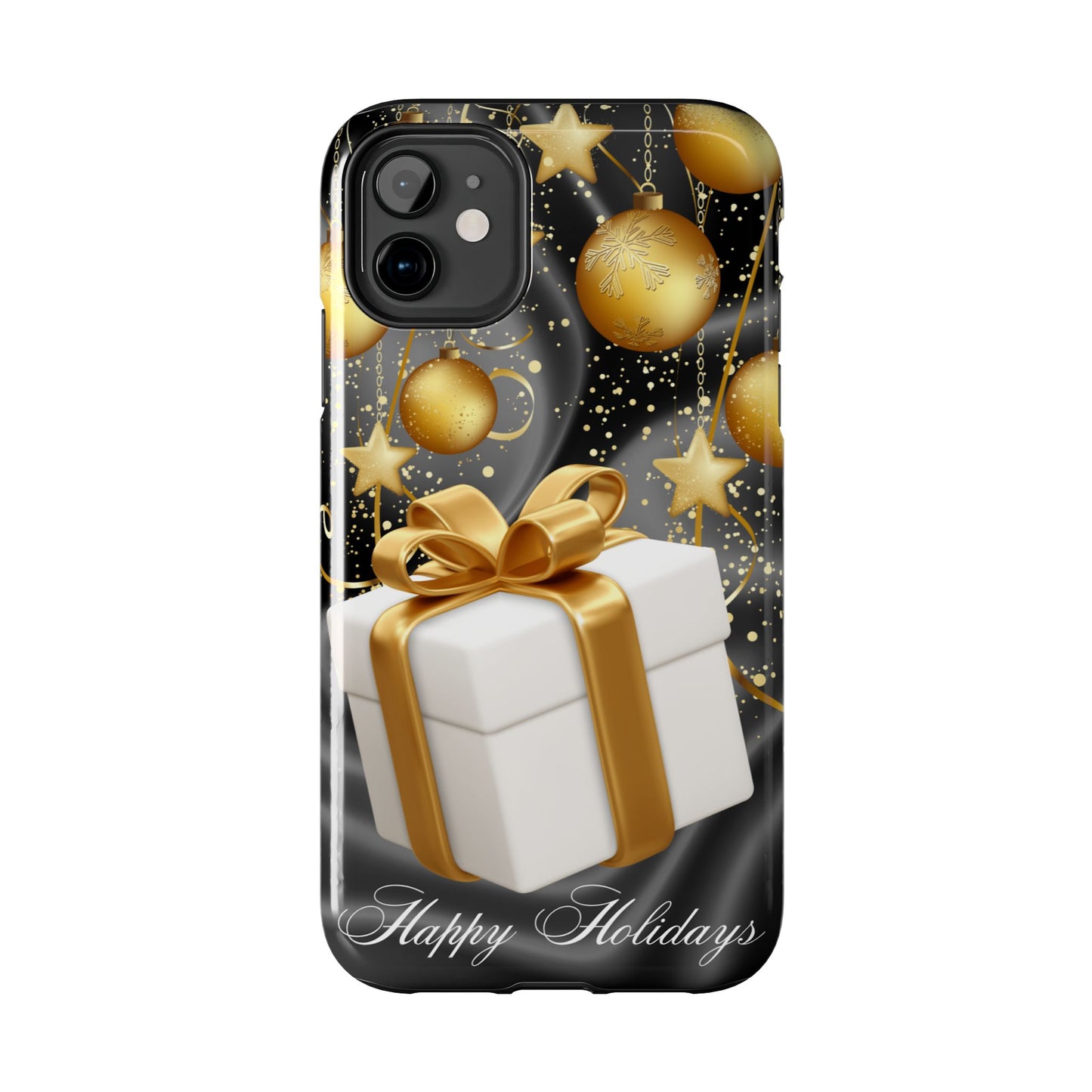 Black & gold Happy Holiday iPhone case. Compatible with iPhone models 11-16 including all mini, plus, pro & pro max. Custom phone case for smartphones. design for Girls, Woman