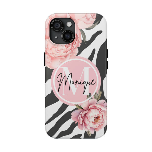 Custom pink floral, zebra print personalized iPhone case. Compatible with iPhone models 11, 12, 13, 14, 15 including all mini, plus, pro & pro max