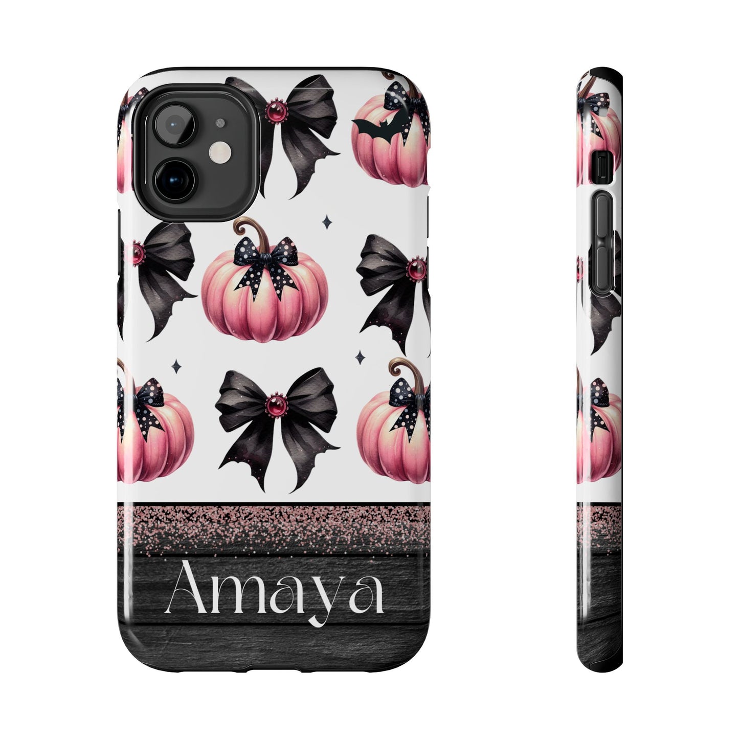 Custom pink & black Halloween bows personalized iPhone case. Compatible with iPhone models 11, 12, 13, 14, 15 including all mini, plus, pro & pro max